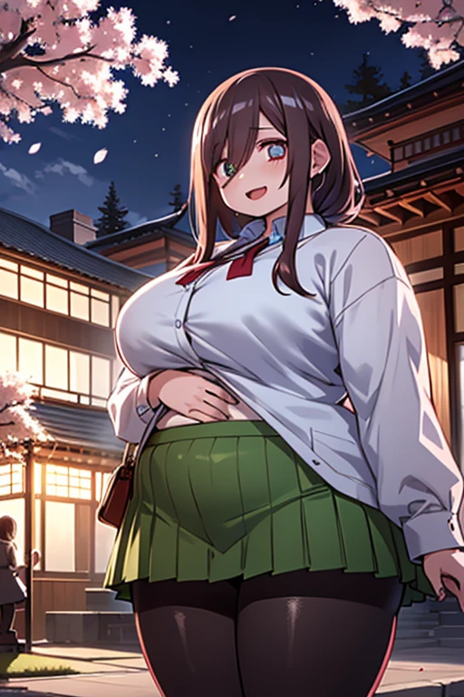 masterpiece, best quality, ultra-detailed, glistening shiny, glowing light, ray tracing, HDR, deph of field, (perfect face, detailed face, detailed eyes,perfect hands),(medium boobs:1.2),8k,HD,ray tracing,perfect lighting,best quality, ultra-detailed, shiny eyes, (looking at viewer,open mouth smile:1.1), ((1girl)), (mature female:1.4),thighs,
obese miku,long hair,((gradient hair)),multicolored eyes, gradient eyes, (glowing eyes:1.5), mascara, (fashion make up), parted fat lips,blush,skirt,shirt,long sleeves,white shirt, fat belly, big butt, chubby arms, big cheeks, pantyhose,pleated skirt, collared shirt, black pantyhose, petals, headphones, cardigan, green skirt, between legs, hand between legs, headphones around neck, blue cardigan, hand on headphones,
(( futuristic city , buildings, Japanese graffiti walls:1.1, neons, night,cherry trees, flying cherry blossom petals,moon,japanese architecture, japanese lamps)),(complex background, many elements in the background:1.2),((super detailed background)), mistress poses, ((8k wallpaper)),