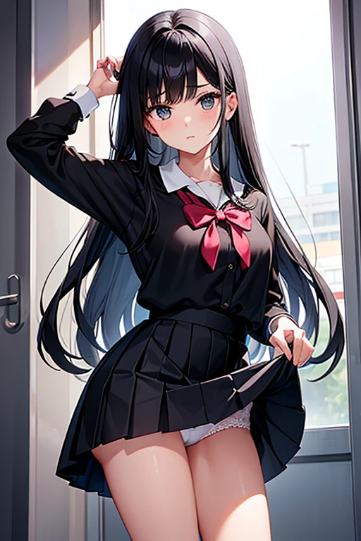 A 14-year-old middle school girl with long black hair wearing a school uniform who lifts up her skirt to reveal white .