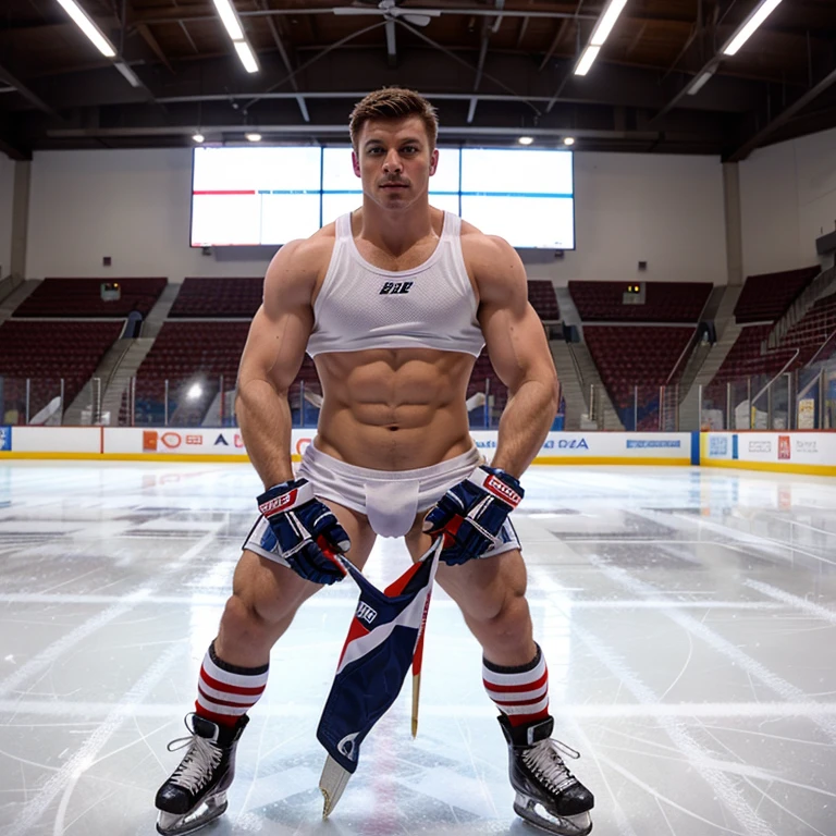 Evans as a hot ice hockey player, massive bulge, muscular body, hot jock, in an ice rink
