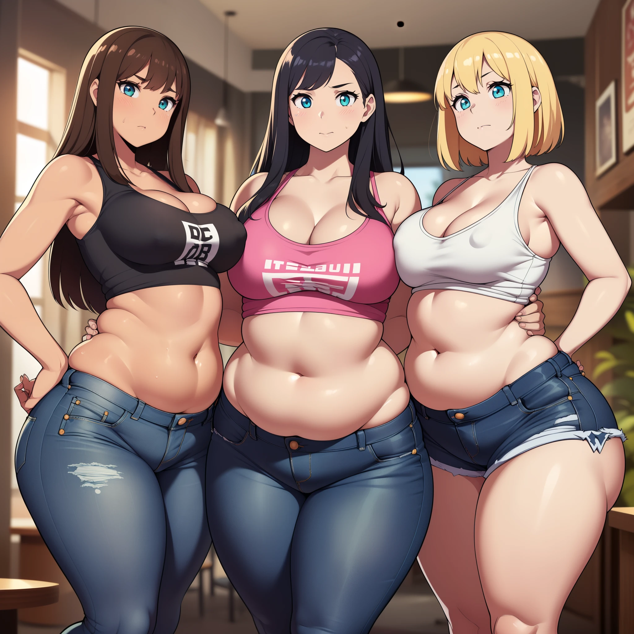 ((high reasterpiece), perfect anatomy, perfect shading, field of depth, (best quality), extremely delicate and beautiful, perfect lighting, detailed face, ultra cute face, cute, (cowboy shot 1.2), full body, (((2girls))), ((2 girls 1 and 2))
Girl 1: has long hair, fluffy hair, blonde hair, blue eyes, (crop top 1.2), (jean shorts 1.2), extremely tight clothes, medium breasts, cleavage, perky breasts, ((wide hips)), (thick thighs), (chubby), pudgy belly, fat rolls, belly hang,
Girl 2: has short hair, fluffy hair, brown hair, green eyes, (white tank top 1.2), (jeans 1.2), extremely tight clothes, medium breasts, cleavage, perky breasts, (((wide hips))), ((thick thighs)), (plump), chubby belly, fat rolls, belly hang, she has a jiggly belly,
Fast food restaurant, intricate background, detailed background, girls are standing next to each other,