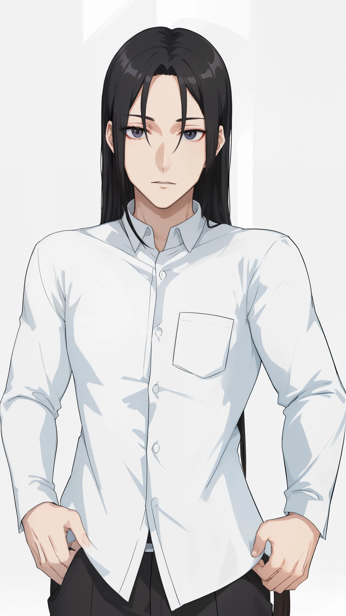 anime man with long black hair and a white shirt, tall anime guy with black eyes, with his long black hair, anime handsome man, male anime character, with long dark hair,