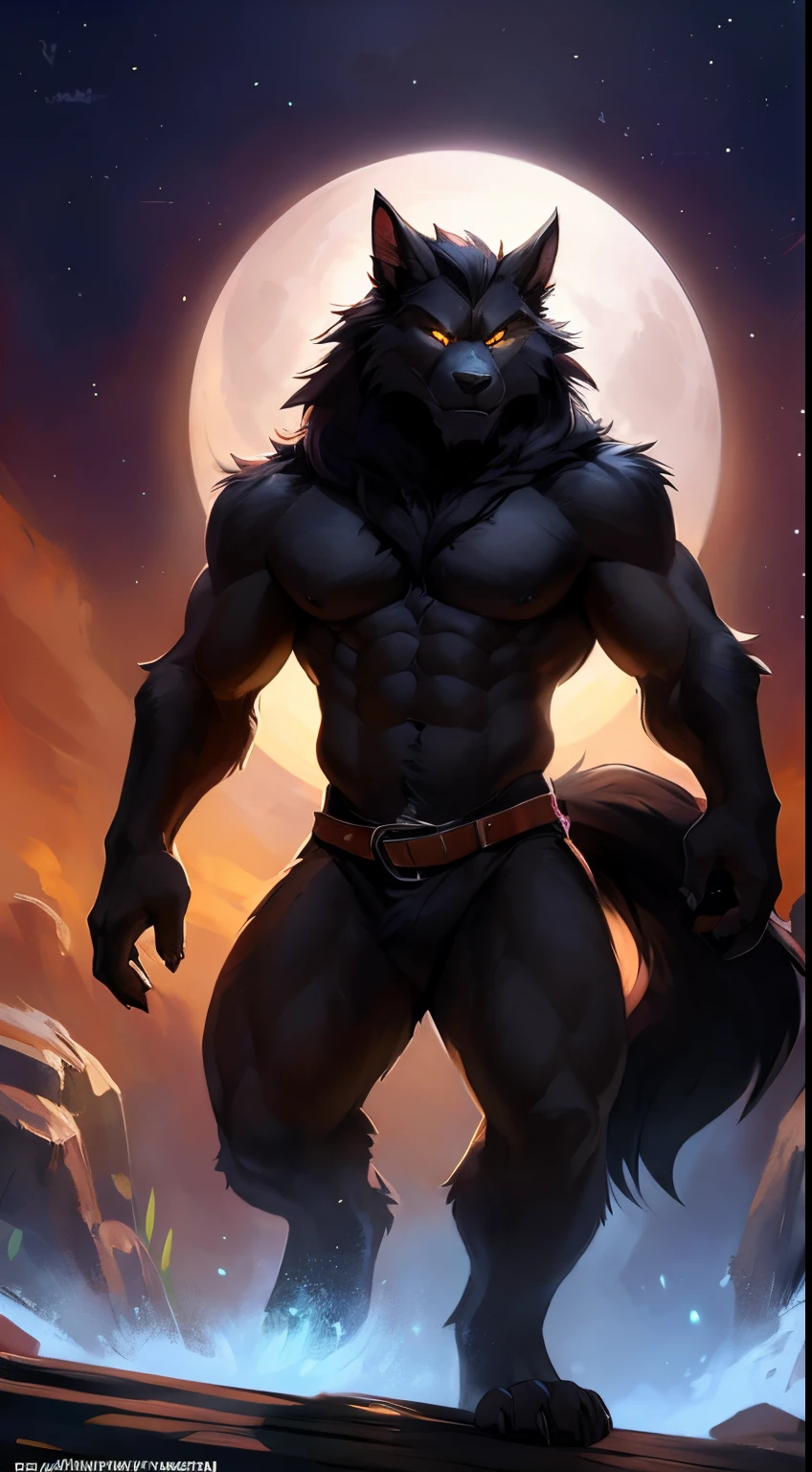 Werewolf male, full body covered in fluffy fur, , big muscular chest, volumetric abs, day, , detailed, uploaded to e621, beautiful and detailed portrait of an anthropomorphic black werewolf (((male))) kenket, ross tran, ruan jia, uploaded to e621, zaush, foxovh, movie lighting, moon lights, glowing eyes, black fur, long dark mane of hair