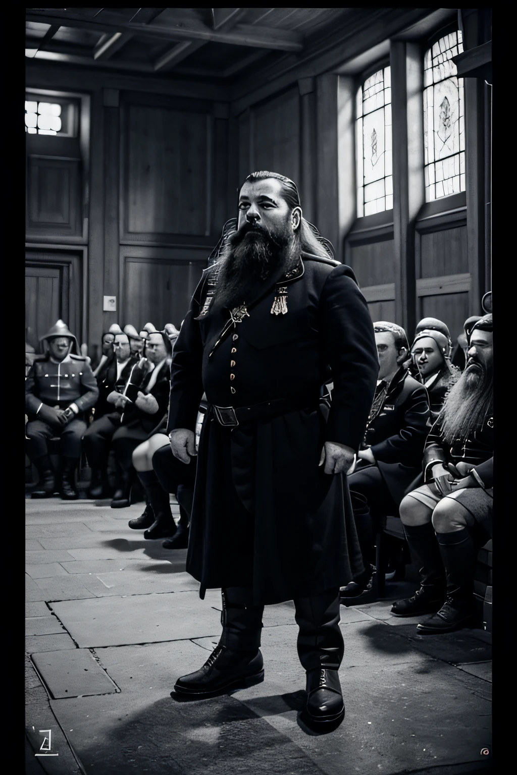 ww1, grainy_photo, monochrome, photo, dwarf, dwarven_navy_officer, formal_attire, war_meeting, multiple_people