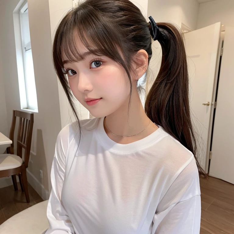 (masuter piece、超A high resolution、hiquality、realisitic、ultra-detailliert)、Cute 18 year old girl wearing a white long sleeve t-shirt、E Cup Breast、poneyTail、Paisla