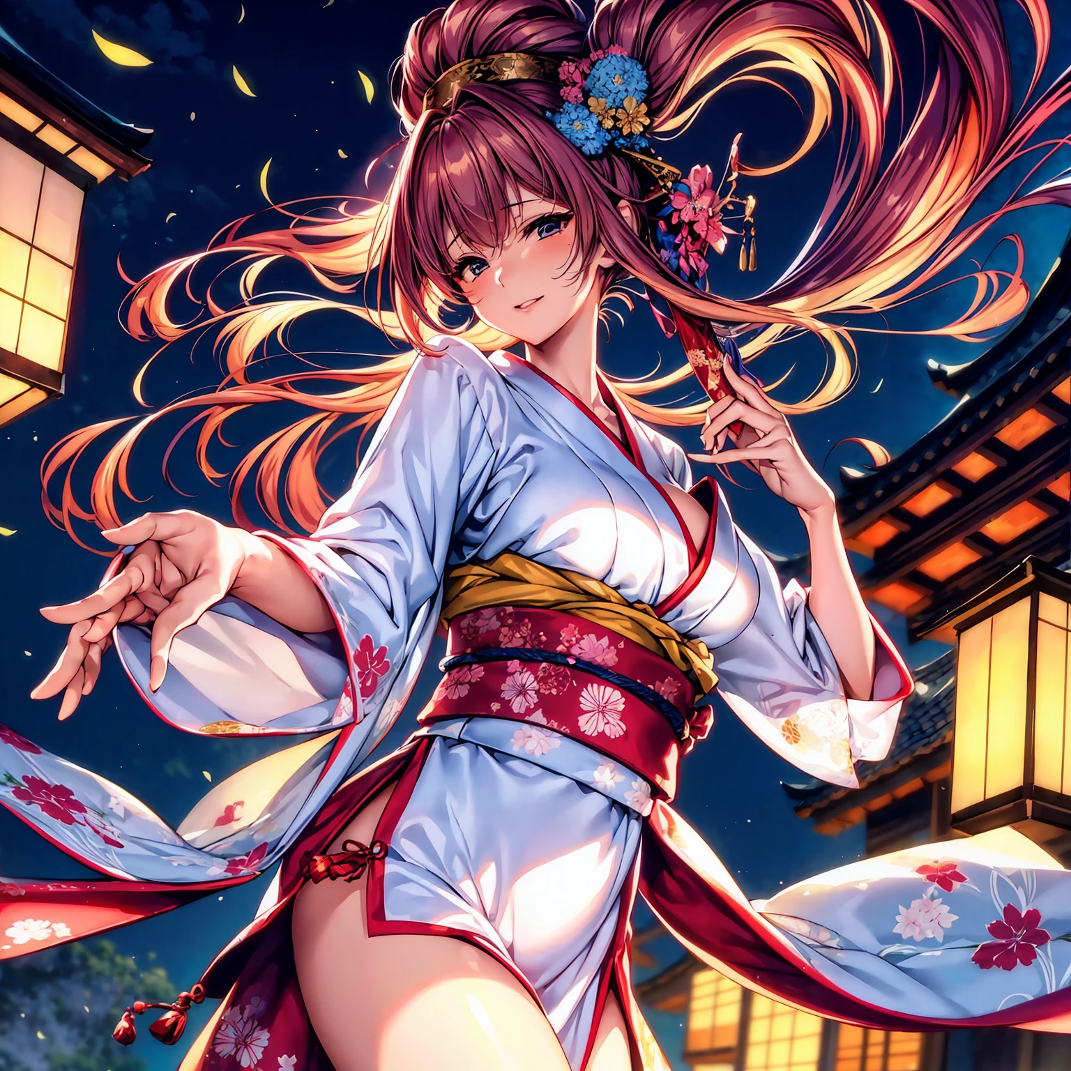 (top-quality、masterpiece、very high res、超A high resolution,High resolution details 1.5)、A woman of perfect and ultimate beauty(24 years old 1.5)、(Beautiful breasts and body shape 1.5)、Beautiful body、美丽的面容、large pink,Long hair,Beautiful hair、Japan hair ornament,realistic textured skin,Wearing a beautiful Japanese long kimono,Kimono has colors and patterns.,Kimono sleeves and obi are long,Arms outstretched,Exposed shoulders from kimono,I can see the cleavage,wearing a stole,Bright smile,Mouth opens,Hair flutters under the influence of the wind,The sleeves and obi of a kimono flap due to the wind.,that is a mysterious place,Fantastic night sky and beautiful full moon,Lantern light,Beautiful Landscapes、(accurate detail、the detailed images、Accurate images、Perfect Image 1.5)、、beautiful anime woman, Beautiful Art Style, an animated character、The whole picture、Detailed picture、accurate anatomy、Defect-free images、natural soft light、beautiful image、extremely detailed picture、(Best Shot 1.2)