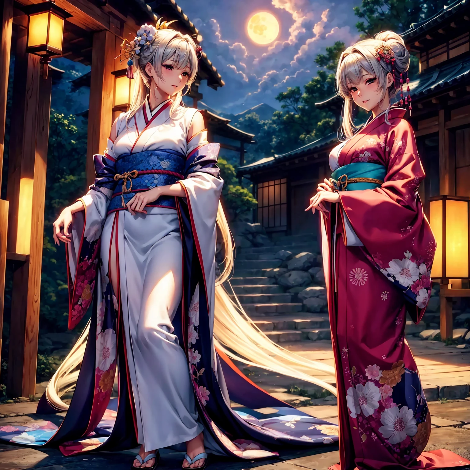 (top-quality、masterpiece、very high res、超A high resolution,High resolution details 1.5)、A woman of perfect and ultimate beauty(24 years old 1.5)、(Beautiful breasts and body shape 1.5)、Beautiful body、美丽的面容、large pink,Long hair,Beautiful hair、Japan hair ornament,realistic textured skin,Wearing a beautiful Japanese long kimono,Kimono has colors and patterns.,Kimono sleeves and obi are long,Arms outstretched,Exposed shoulders from kimono,I can see the cleavage,wearing a stole,Bright smile,Mouth opens,Hair flutters under the influence of the wind,The sleeves and obi of a kimono flap due to the wind.,that is a mysterious place,Fantastic night sky and beautiful full moon,Lantern light,Beautiful Landscapes、(accurate detail、the detailed images、Accurate images、Perfect Image 1.5)、、beautiful anime woman, Beautiful Art Style, an animated character、The whole picture、Detailed picture、accurate anatomy、Defect-free images、natural soft light、beautiful image、extremely detailed picture、(Best Shot 1.2)