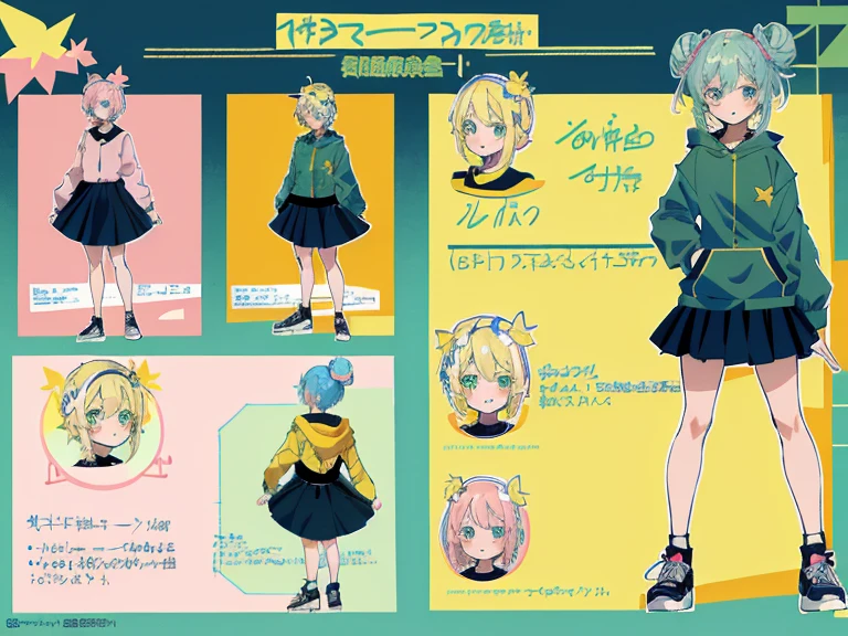 supreme， green down jacket，lime color hair，pink eyes，Standing on your feet，submachine gun，Detailed Genshin graphics，anime character design，anime concept art，pretty anime character design，anime character reference sheet，[Character design]，1girl in, ((Character information)、(Chara Leaf)、pastel dimmed colors, (Yellow color palette.:1.2, Blue:1.2, Pink:1.2), (Blue hair bun and blonde), Short fashionable skirt, Sitting on a throne of sweets and pastries, For example, doughnut, splash, candy, Lollipop, lollipop cane, a cake, cupcake, Cake Pop, Ruffles and lace, polka dot,(Lush pastel dresses), petite girl,Type sheet, Character Sheets, Three types，Shot Full Body，Game Character Design, green color, Green hoodie