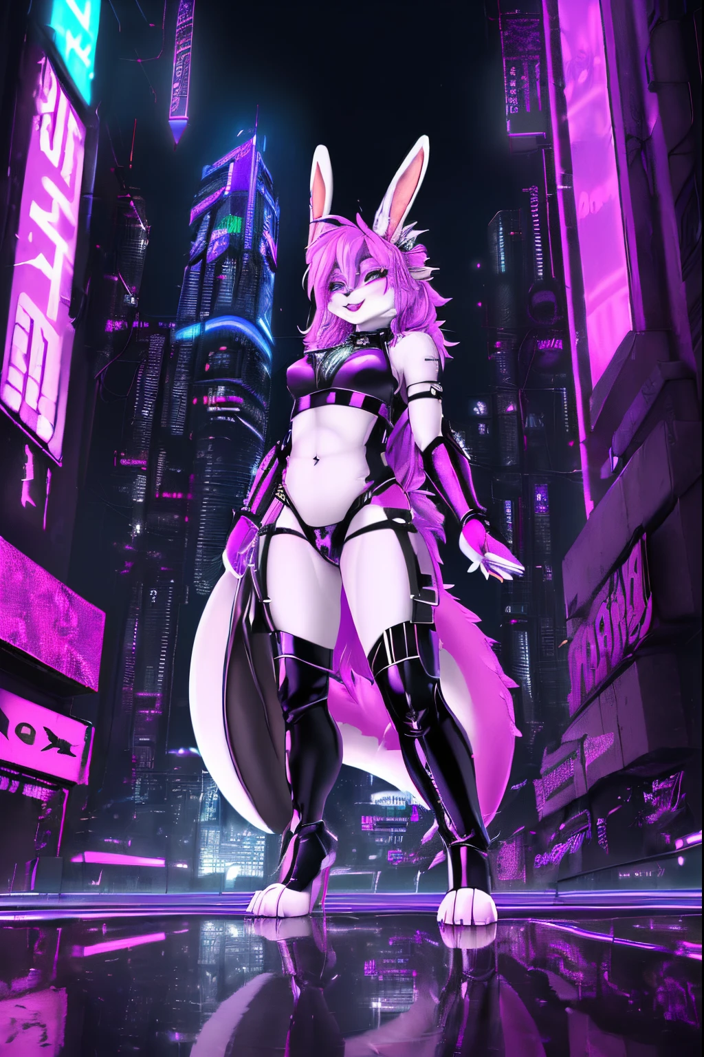(Furry art, Digital Art, uploaded_UPON_E621:1.4, Dragon Rabbit Hybrid, anthro furry:1.5), Dragoon "Dragon Rabbit", Vampire, (((pink fur, purple fur, white fur, male, report_focus, femboi))), In a latex rabbit costume under a leather harness, Big Fat Dragon Tail, covered with fur, Dragon Wings, (Rtx on, Cyberpunk style, high detail, UHD, 4k, 8K, Beautiful reflections, Melhor Artista, Masterpiece, hyper detailed, full - body, ciberpunk, cyberpunk art), exterior, Cyberpunk city, on roof, Nightime, Background: "Large towers, Airships, neon lights, neon signage"