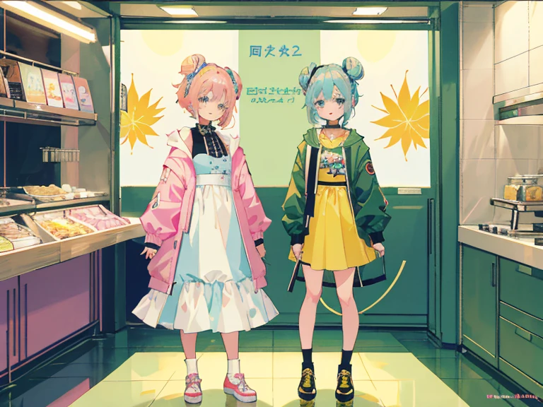 supreme， green down jacket，lime color hair，pink eyes，Standing on your feet，submachine gun，Detailed Genshin graphics，anime character design，anime concept art，pretty anime character design，anime character reference sheet，[Character design]，1girl in, ((Character information)、(Chara Leaf)、pastel dimmed colors, (Yellow color palette.:1.2, Blue:1.2, Pink:1.2), (Blue hair bun and blonde), Short fashionable skirt, Sitting on a throne of sweets and pastries, For example, doughnut, splash, candy, Lollipop, lollipop cane, a cake, cupcake, Cake Pop, Ruffles and lace, polka dot,(Lush pastel dresses), ite girl,Type sheet, Character Sheets, Three types，Shot Full Body，Game Character Design, green color, Green hoodie，