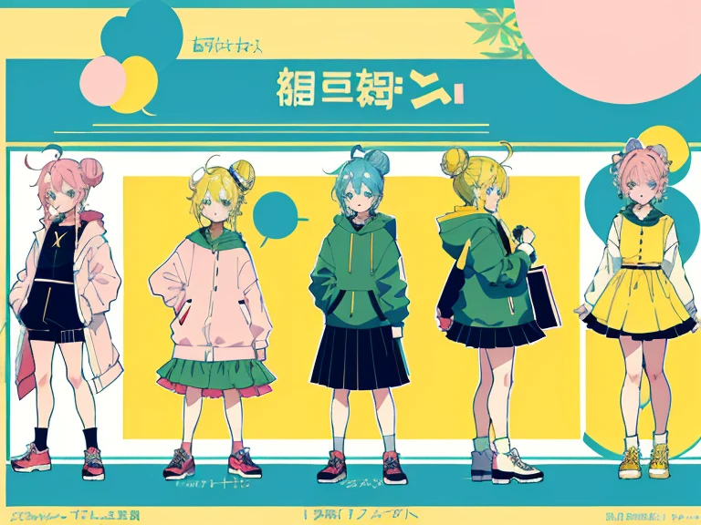 supreme， green down jacket，lime color hair，pink eyes，Standing on your feet，submachine gun，Detailed Genshin graphics，anime character design，anime concept art，pretty anime character design，anime character reference sheet，[Character design]，1girl in, ((Character information)、(Chara Leaf)、pastel dimmed colors, (Yellow color palette.:1.2, Blue:1.2, Pink:1.2), (Blue hair bun and blonde), Short fashionable skirt, Sitting on a throne of sweets and pastries, For example, doughnut, splash, candy, Lollipop, lollipop cane, a cake, cupcake, Cake Pop, Ruffles and lace, polka dot,(Lush pastel dresses), petite girl,Type sheet, Character Sheets, Three types，Shot Full Body，Game Character Design, green color, Green hoodie，