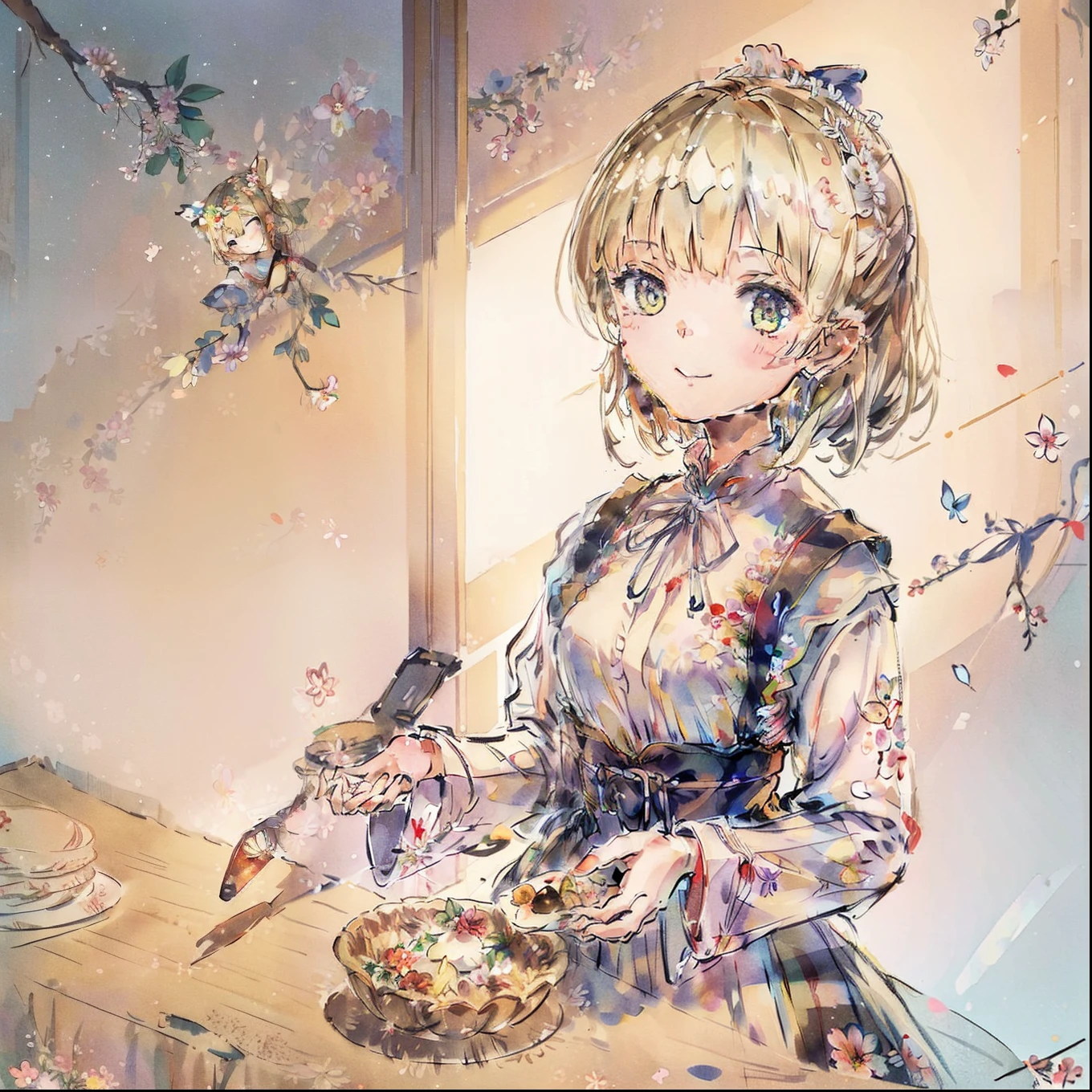 (top-quality、masterpiece)、A stunning、a cute cat、Floral dress、pinafore、foods、Warm smile、Hourglass diagram、Floral dress、pinafore、foods、