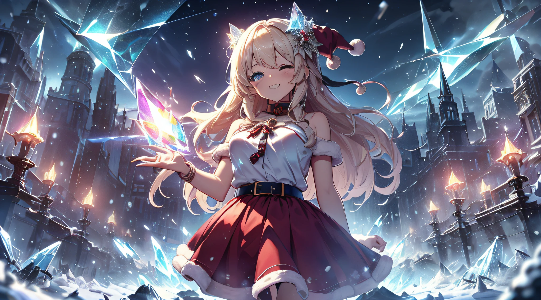 top-quality、Top image quality、​masterpiece、teens girl((metallic red santa costume、santa style short skirt、santa style tank top、sixteen years old、 Ager、Best Bust、big bast,Beautiful wide open light blue eyerest, a blond、A slender,Large valleys、dye one's cheeks red、Straighten your back、White breath、Reflecting the whole body、Laugh、jamping、reaching out her hands、dye one's cheeks red、A slight smil、levitation)),hiquality、Beautiful Art、Background with(( crystalline、sky at night、snowflakes falling、Heavy snow falls、snowman、 A world where snow piles up)))、masutepiece、depth of fields,Flying in the sky
