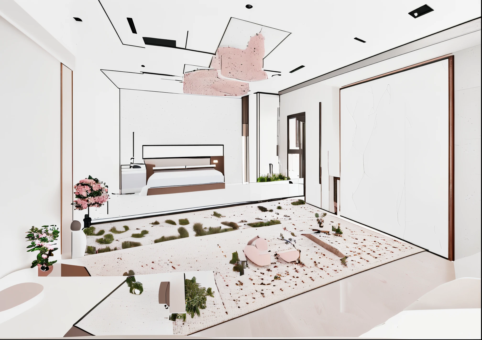 BEDROOM,bed,table,nightstand,two-level ceiling, , 8k uhd,dslr, soft light, high quality, pink look,, Fujifilm XT3, UE 5 render 8k, super high resolution, super chi details: 1.2), Super sharp like photos taken with a professional camera,
