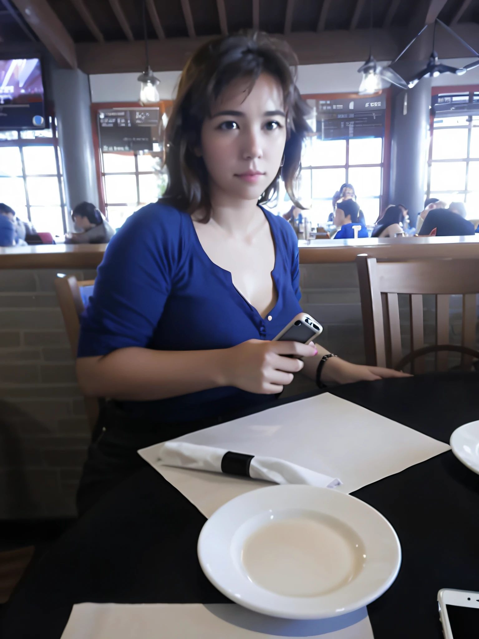 Woman sitting at a table with a cell phone in her hand, verificando o celular dela, standing in a restaurant, verificando seu telefone, looking distracted, looking distracted and awkward, with a sad expression, taken in the late 2010s, tiro por cima do ombro, sentado em uma mesa, candid shot, sitting on table, tiro por cima do ombro