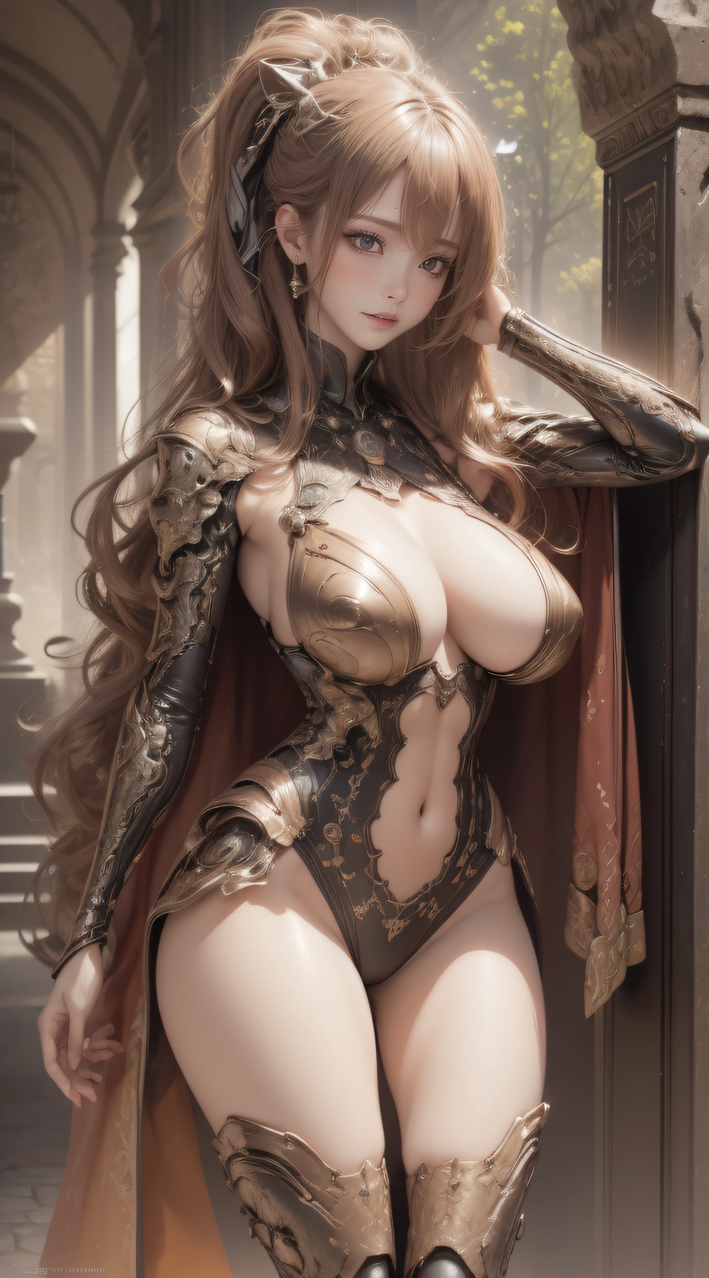 (From below),(Cinematic scene,(Pornographic Images),Fantasy Art, Highest image quality, Hyperrealist portrait, (8K), Ultra-realistic, Best Quality, High quality, High Definition, high quality texture, high detailing, Beautiful detailed, fine detailed, extremely details CG, Detailed texture, realistic representation of face, masutepiece, presence, Dynamic, Bold), 1girl in, Ultra detailed skin, Curve, Petite, Beautiful breasts, Large breasts, pale skin, pointed breast, Erect nipples, (Thin hair), (Soft hair), Swept long bangs, Extra bright coppery amber hair, Hair over one eye