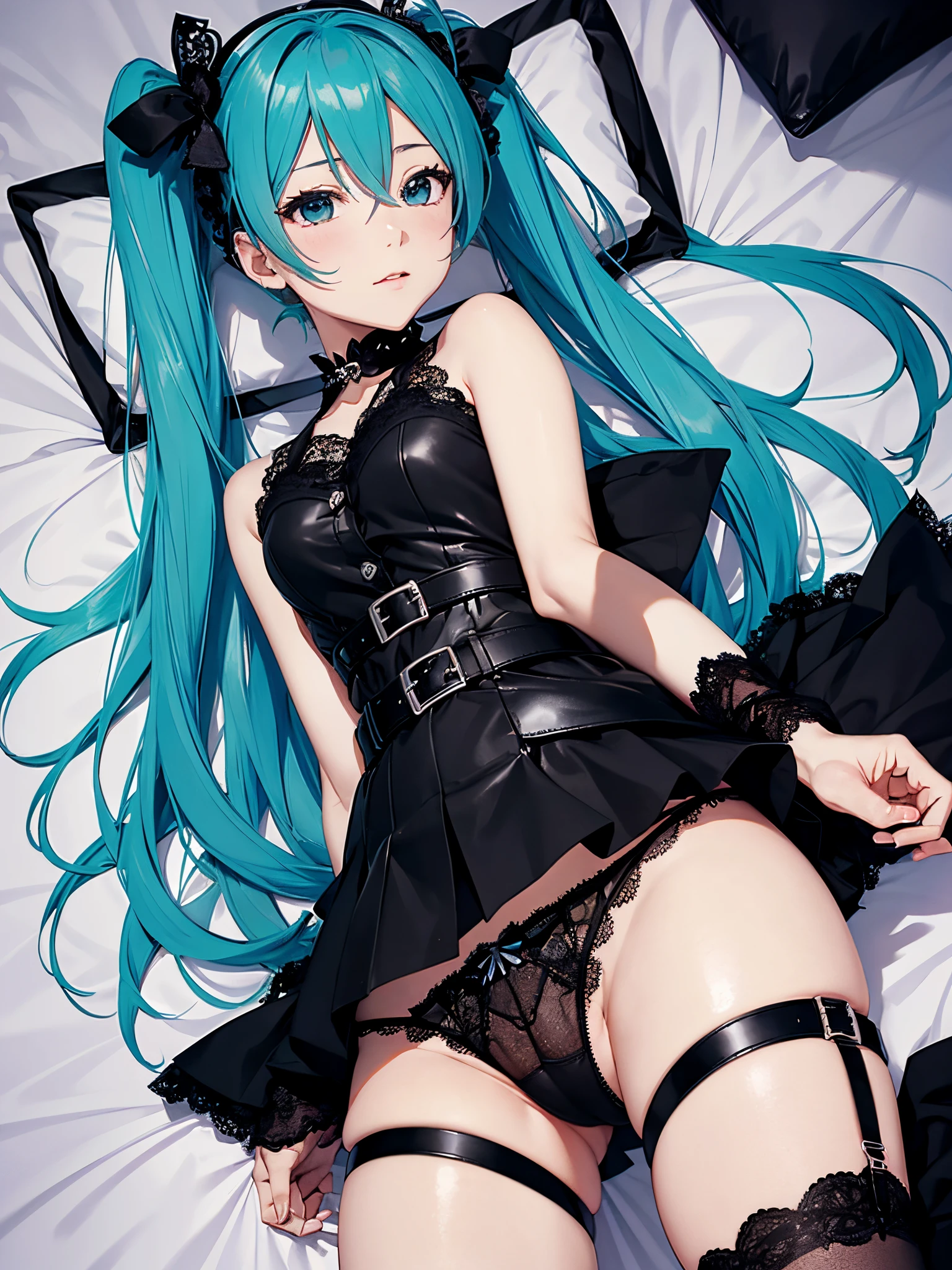 miku hatsune,Spread your crotch,Black lace underwear,frilld,Bedroom,Black Garta Belt