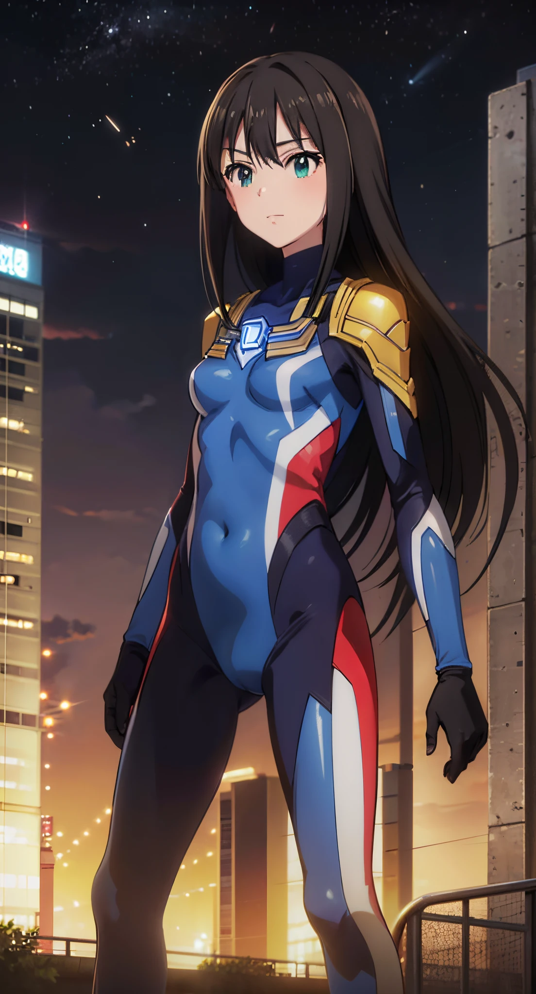 (​masterpiece、top-quality、in 8K、hight resolution:1.2)、Alone、1girl in、 Rin Shibuya、taut clothes、cowboy  shot、Look at viewers、A slight smil、Hero Suit、body suit、tight suits、Trained abs、Trained biceps、(nffsw :1.0）、 ultraman bodysuit、glowing gemstone on the chest、（Buildings:1.2)、nighttime scene