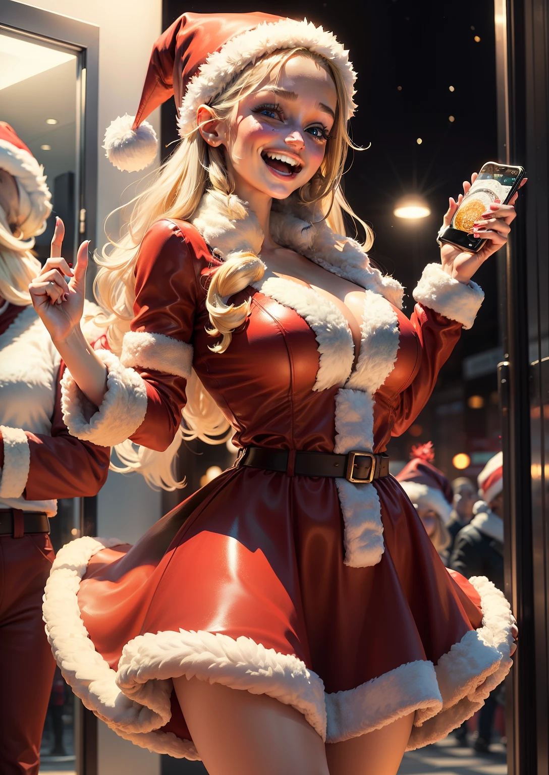 Prompt 1: A stunning girl dressed as Santa Claus, beaming with excitement, holds a phone to her face, her expression radiating sheer joy as if she just won a jackpot.