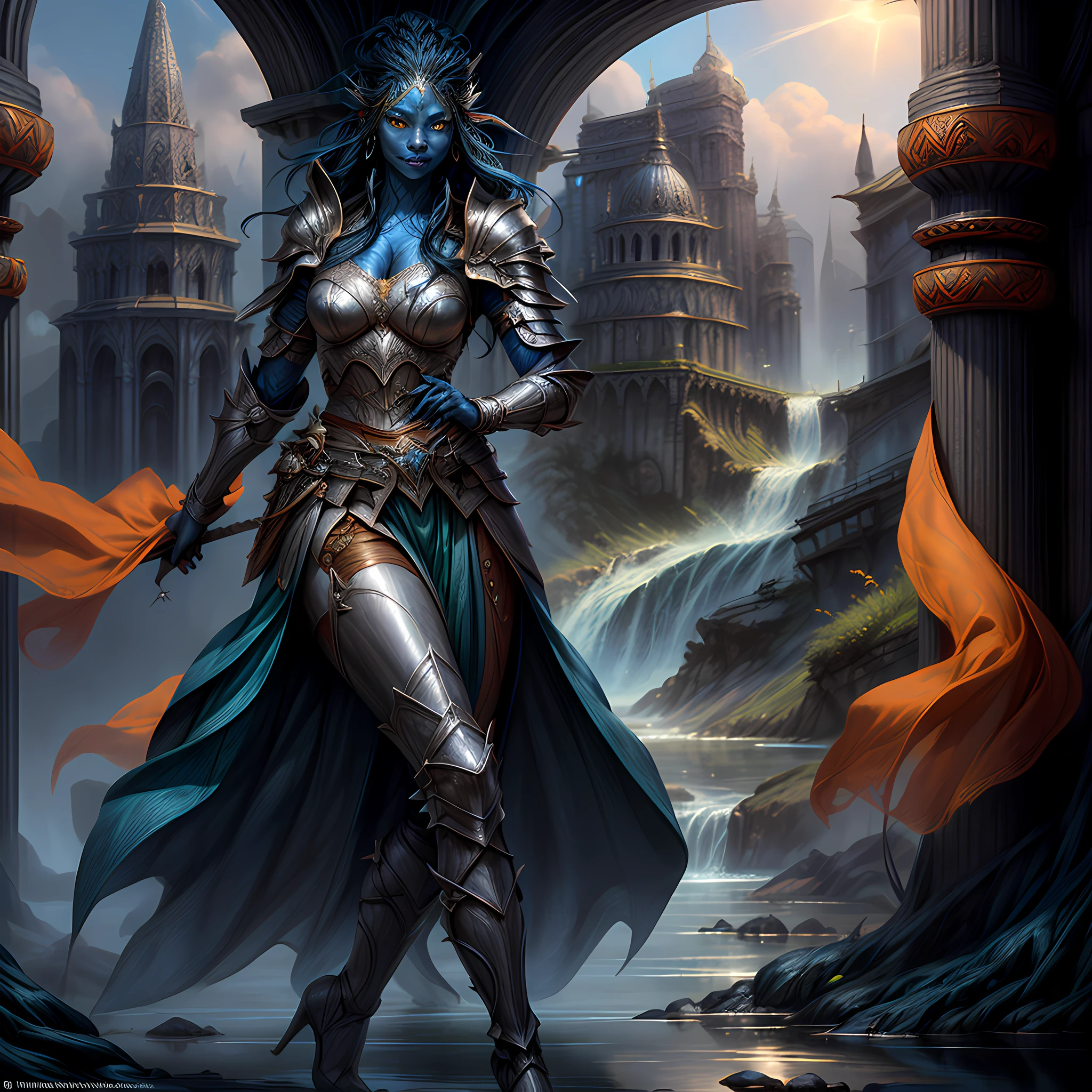 fantasy art, dnd art, RPG art, wide shot, (masterpiece:1.3), full body intense details, highly detailed, photorealistic, best quality, highres, portrait of a exotic race female (fantasy art, Masterpiece, best quality: 1.3) (blue colored skin: 1.3), intense details facial detail fantasy art, Masterpiece, best quality)cleric, (blue colored skin: 1.3) 1person blue_skin, (bold head: 1.4), intense green eye, fantasy art, Masterpiece, best quality) armed a fiery sword red fire, wearing heavy (white: 1.3) half plate mail armor LnF wearing high heeled laced boots, wearing an(orange :1.3) cloak within fantasy temple near river background and sun and clouds, reflection light, high details, best quality, 16k, [ultra detailed], masterpiece, best quality, (extremely detailed), dynamic angle, ultra wide shot, photorealistic, RAW, fantasy art, dnd art, fantasy art, realistic art
