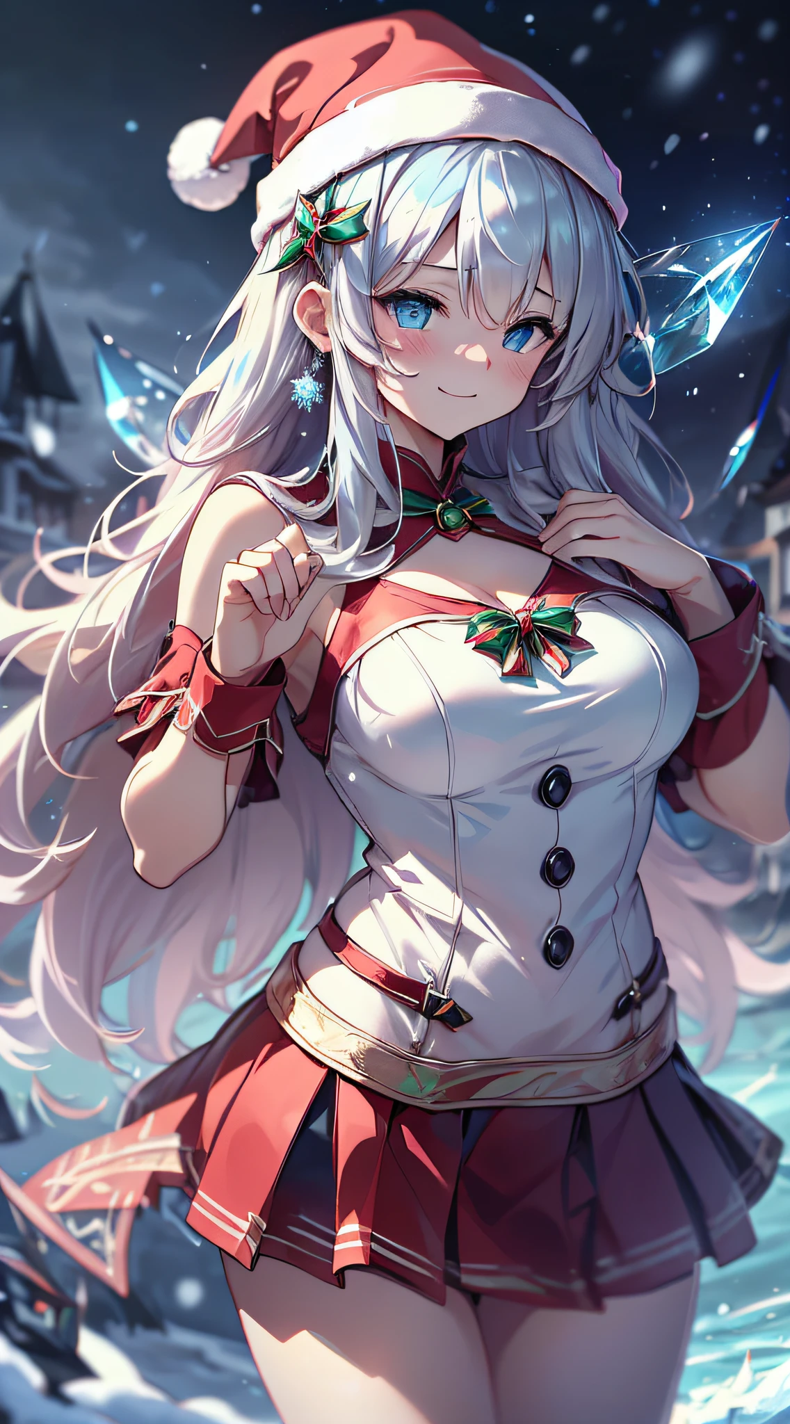 top-quality、Top image quality、​masterpiece、teens girl((metallic red santa costume、santa style short skirt、santa style tank top、sixteen years old、 Ager、Best Bust、big bast,Beautiful wide open light blue eyerest, a blond、A slender,Large valleys、dye one's cheeks red、Straighten your back、White breath、Reflecting the whole body、Laugh、jamping、reaching out her hands、dye one's cheeks red、A slight smil、levitation)),hiquality、Beautiful Art、Background with(( crystalline、sky at night、snowflakes falling、Heavy snow falls、snowman、 A world where snow piles up)))、masutepiece、depth of fields,Flying in the sky