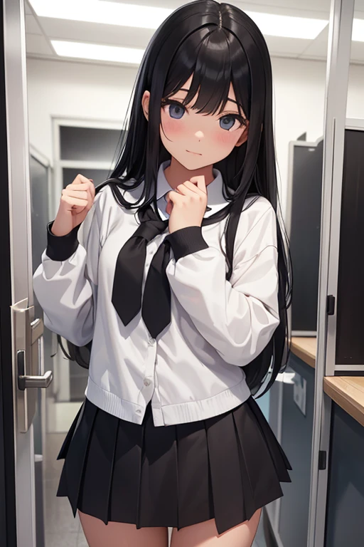 A 10-year-old elementary school girl with long black hair wearing a school uniform who lifts up her skirt to reveal white panties.