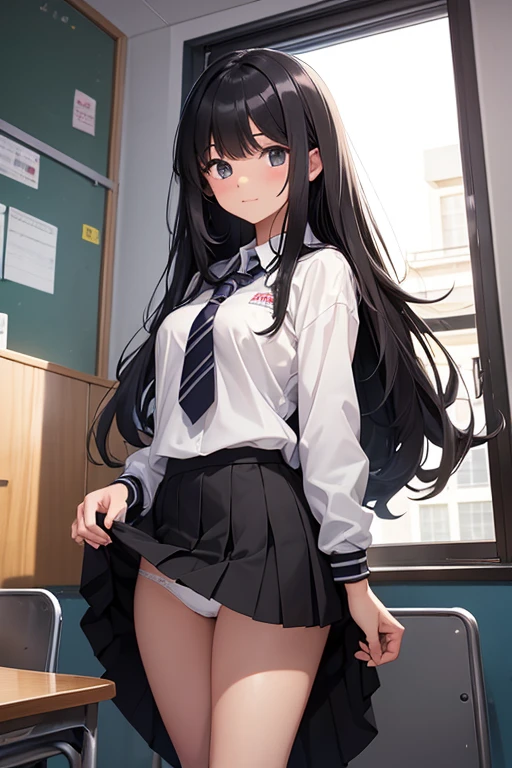 A 14-year-old middle school girl with long black hair wearing a school uniform who lifts up her skirt to reveal white panties.