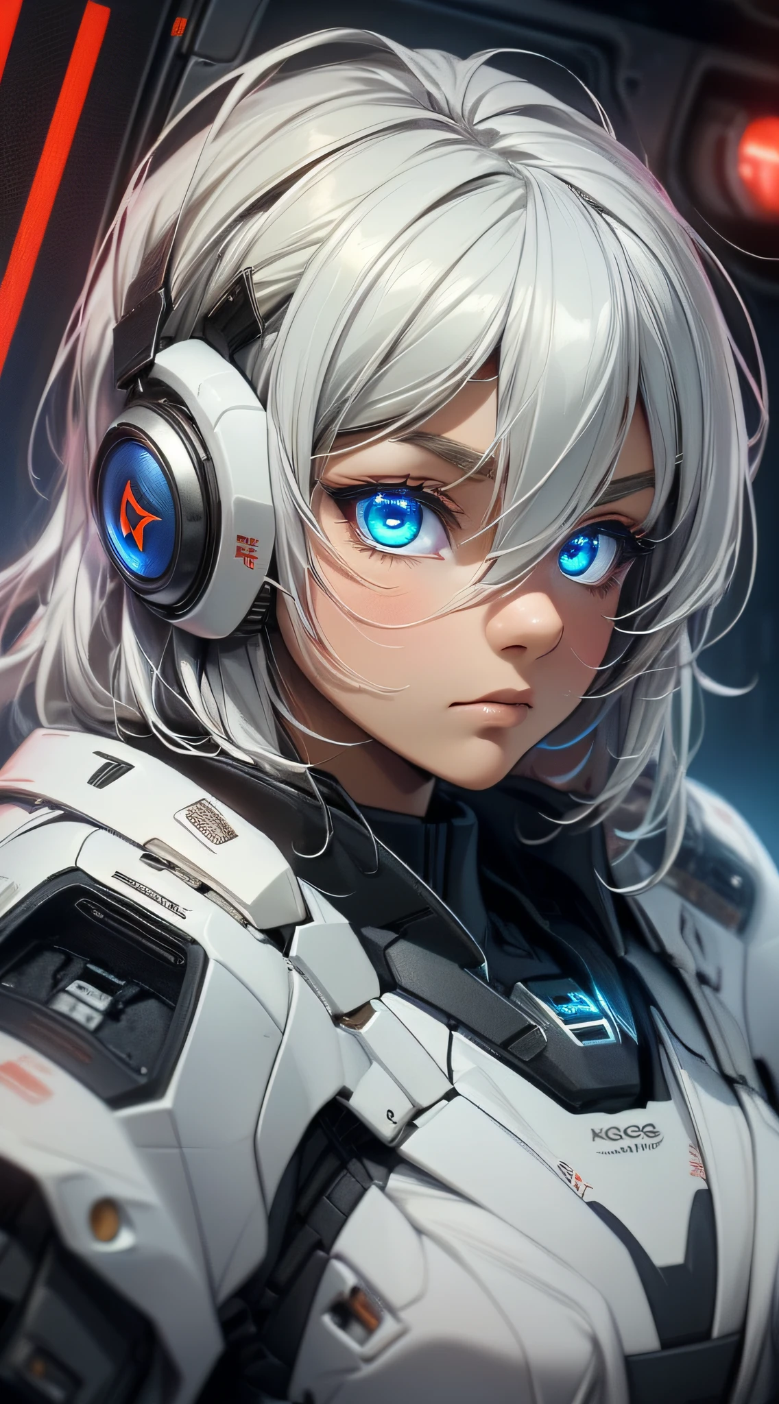 top-quality、Top image quality、masterpiece、girl with((White suit、18year old、 Ager、cute little、Best Bust、big bast,beautiful glowing blue eyes,Great Valley、chest opens wide、 Messy silver hair、Longhaire、A slender,head phone、Sit in the cockpit、Anxious face、Grip the control stick)),hiquality、Beautiful Art、Background with((cockpit、Control stick,Warning screen、Lock On、red light nast piece,kosmos))、depth of fields,Cinematic style