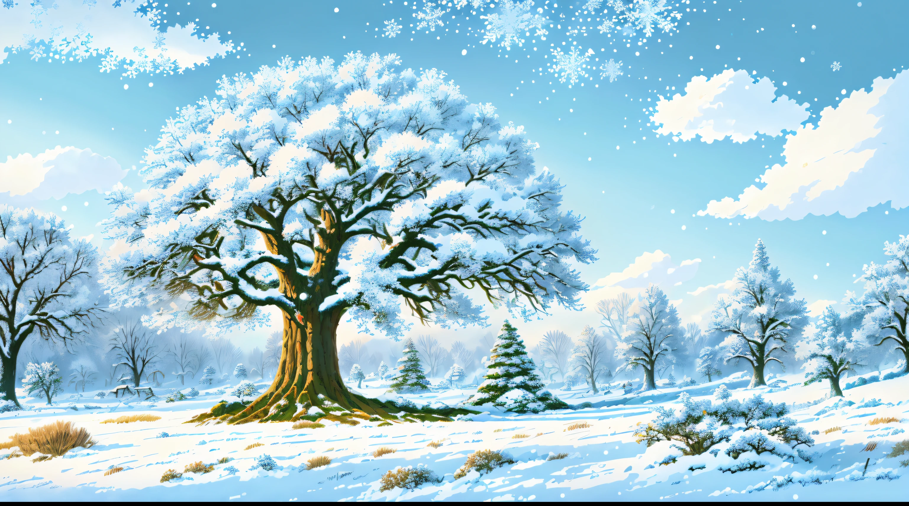 Bright, (((Cartoon style))), fantastic giant oak tree in a winter meadow in the center of the image , (Winter sunny day), illustration for children, Fantasy art, Masterpiece, Blizzard in the background, winter, Falling snow, Detailed, Intricate, 4k, Art