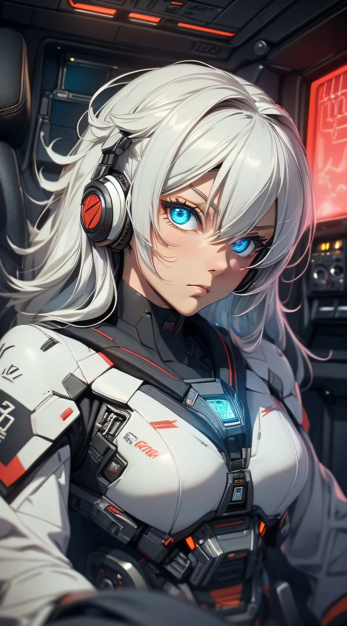 top-quality、Top image quality、masterpiece、girl with((White suit、18year old、 Ager、cute little、Best Bust、big bast,beautiful glowing blue eyes,Great Valley、chest opens wide、 Messy silver hair、Longhaire、A slender,head phone、Sit in the cockpit、Anxious face、Grip the control stick)),hiquality、Beautiful Art、Background with((cockpit、Control stick,Warning screen、Lock On、red light nast piece,kosmos))、depth of fields,Cinematic style