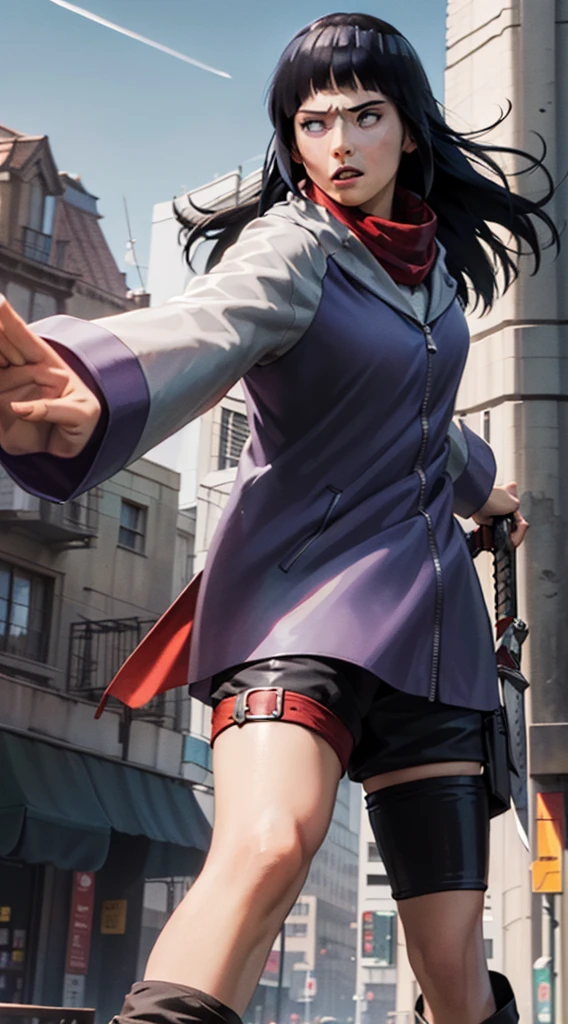 ((masterpiece, (best quality), highres, female (woman), hinata, (long hair),( detailed eyes), scarf, emblem, belt, (thigh strap), (red scarf), (white pantrown jacket), (long sleeves), (holding weapon), sword, (dual wielding), (three-dimensional maneuver gear), (fighting stance), sky, 4k))