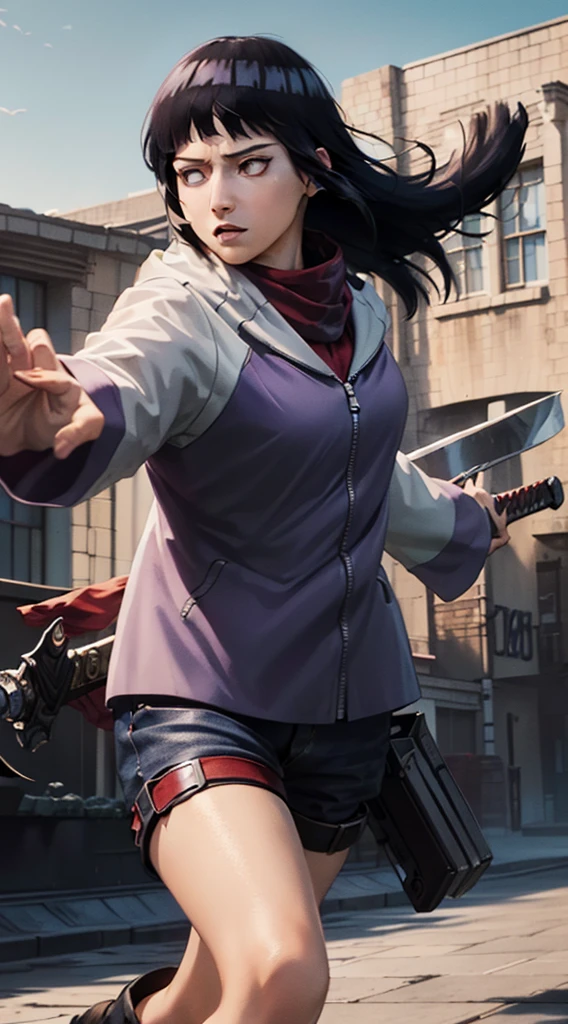 ((masterpiece, (best quality), highres, female (woman), hinata, (long hair),( detailed eyes), scarf, emblem, belt, (thigh strap), (red scarf), (white pantrown jacket), (long sleeves), (holding weapon), sword, (dual wielding), (three-dimensional maneuver gear), (fighting stance), sky, 4k))