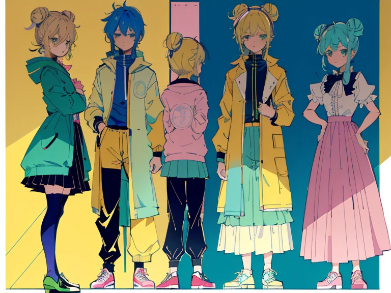 supreme， green down jacket，Standing on your feet，submachine gun，Detailed Genshin graphics，anime character design，anime concept art，pretty anime character design，anime character reference sheet，[Character design]，1girl in, ((Character information)、(Chara Leaf)、pastel dimmed colors, (Yellow color palette.:1.2, Blue:1.2, Pink:1.2), (Blue hair bun and blonde), Short fashionable skirt, a cake, cupcake, Cake Pop, Ruffles and lace, polka dot,(Lush pastel dresses), petite girl,Type sheet, Character Sheets, Three types，Shot Full Body，Game Character Design, green color, Green hoodie，