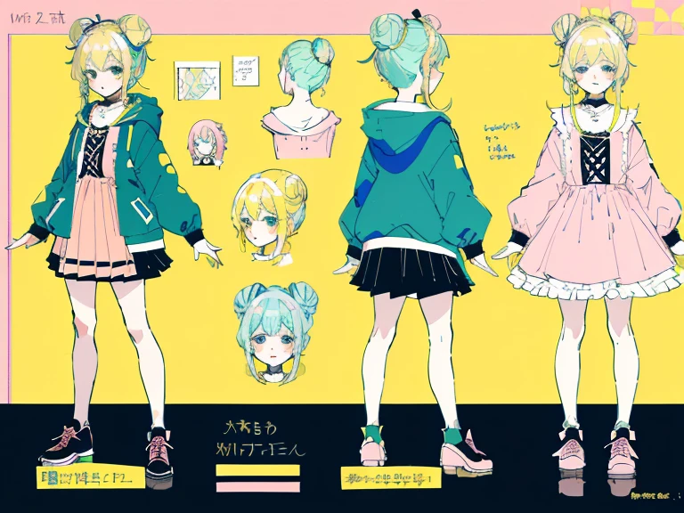 supreme， green down jacket，Standing on your feet，submachine gun，Detailed Genshin graphics，anime character design，anime concept art，pretty anime character design，anime character reference sheet，[Character design]，1girl in, ((Character information)、(Chara Leaf)、pastel dimmed colors, (Yellow color palette.:1.2, Blue:1.2, Pink:1.2), (Blue hair bun and blonde), Short fashionable skirt, a cake, cupcake, Cake Pop, Ruffles and lace, polka dot,(Lush pastel dresses),  girl,Type sheet, Character Sheets, Three types，Shot Full Body，Game Character Design, green color, Green hoodie，