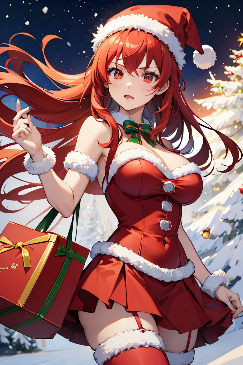 "anime girl, 1 person, bright red hair, shoulder length hair, dark red eyes, santa hat, santa tube outfit, red dress, big breasts, stockings, holding christmas gift box, christmas gift box, snow falling, Christmas ,solo, front view, (full HD 4K+ photo)"