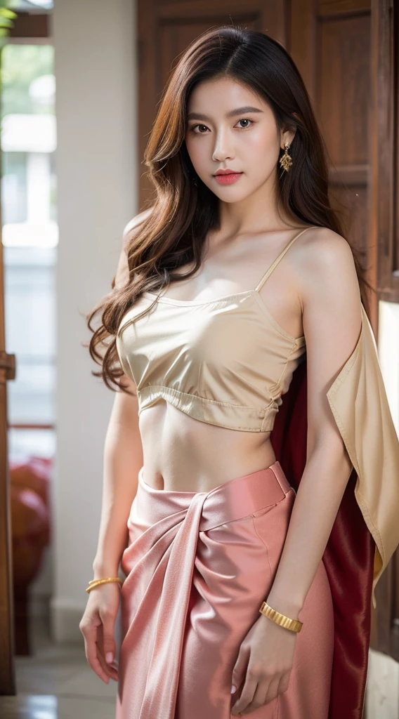 beautiful Korean girl, kawaii, 1 person only, beautidul eyes, Beautiful mouth, Red mouth, long eyelashes, (((gorgeous hair, long-haired:1.6, very long hair))), (((large boobs:1.3, Beautiful breast, breast augmentation))), Slim body, small waist, flat abdomen, Long slender legs......., Body proportion, Flawless., Wear a sarong., Thai Fabric:1.4, Wear a thin blanket over your left shoulder..., red, Traditional Thai costumes, Complete jewelry, gold jewelry, viewer look., old house scene, Ancient Thai House