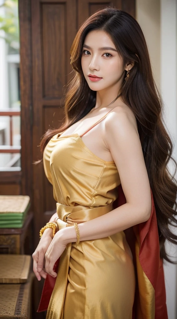 beautiful Korean girl, kawaii, 1 person only, beautidul eyes, Beautiful mouth, Red mouth, long eyelashes, (((gorgeous hair, long-haired:1.6, very long hair))), (((large boobs:1.3, Beautiful breast, breast augmentation))), Slim body, small waist, flat abdomen, Long slender legs......., Body proportion, Flawless., Wear a sarong., Thai Fabric:1.4, Wear a thin blanket over your left shoulder..., red, Traditional Thai costumes, Complete jewelry, gold jewelry, viewer look., old house scene, Ancient Thai House