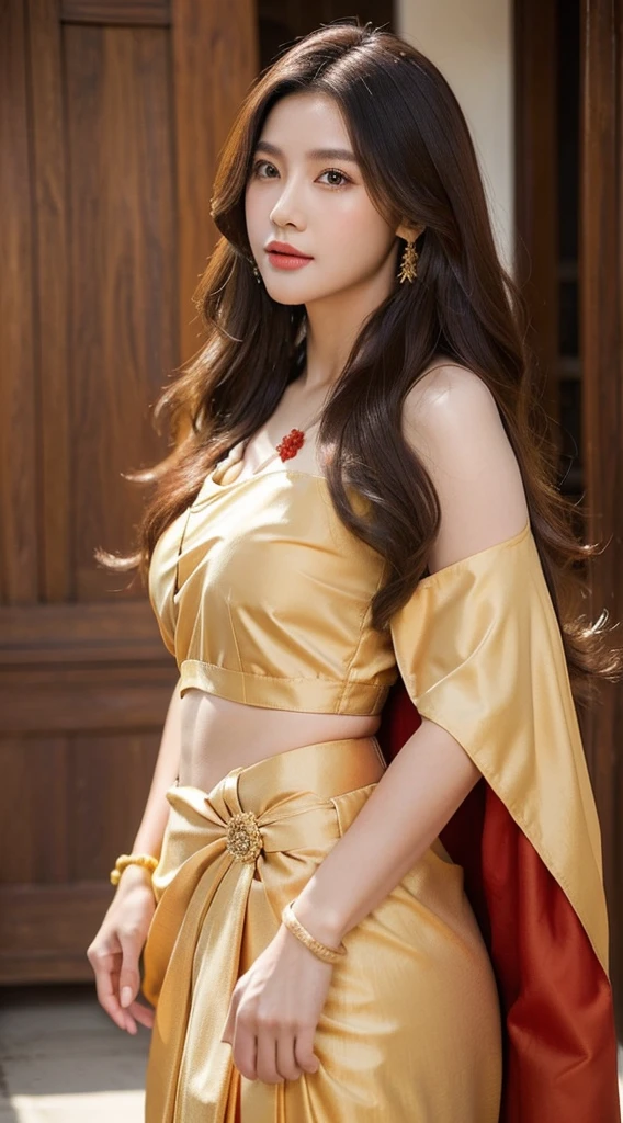 beautiful Korean girl, kawaii, 1 person only, beautidul eyes, Beautiful mouth, Red mouth, long eyelashes, (((gorgeous hair, long-haired:1.6, very long hair))), (((large boobs:1.3, Beautiful breast, breast augmentation))), Slim body, small waist, flat abdomen, Long slender legs......., Body proportion, Flawless., Wear a sarong., Thai Fabric:1.4, Wear a thin blanket over your left shoulder..., red, Traditional Thai costumes, Complete jewelry, gold jewelry, viewer look., old house scene, Ancient Thai House