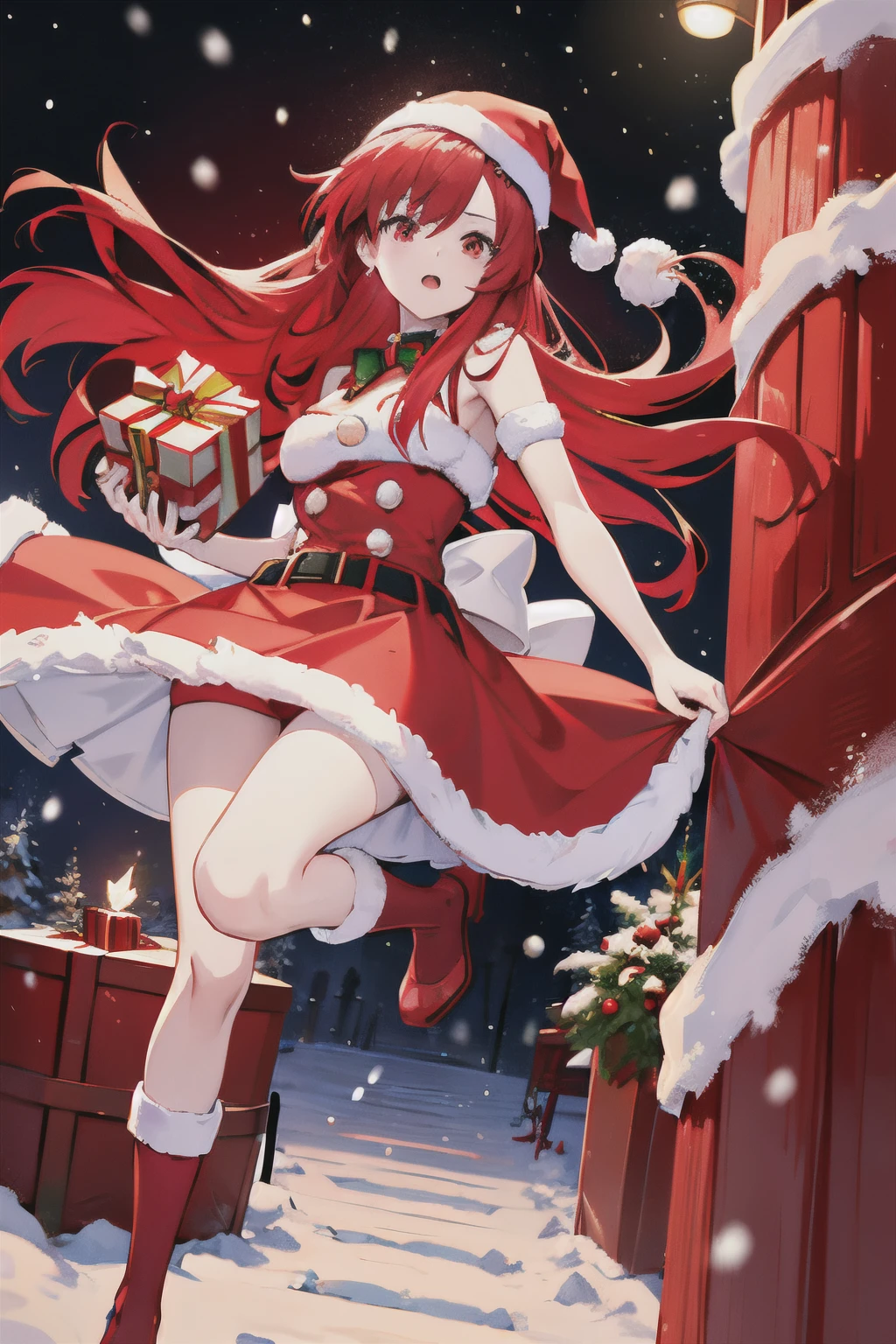 "anime girl, 1 person, bright red hair, shoulder length hair, dark red eyes, santa hat, santa tube outfit, red dress, stockings, holding christmas gift box, christmas gift box, snow  falling, Christmas ,solo, front view, (full HD 4K+ photo)"