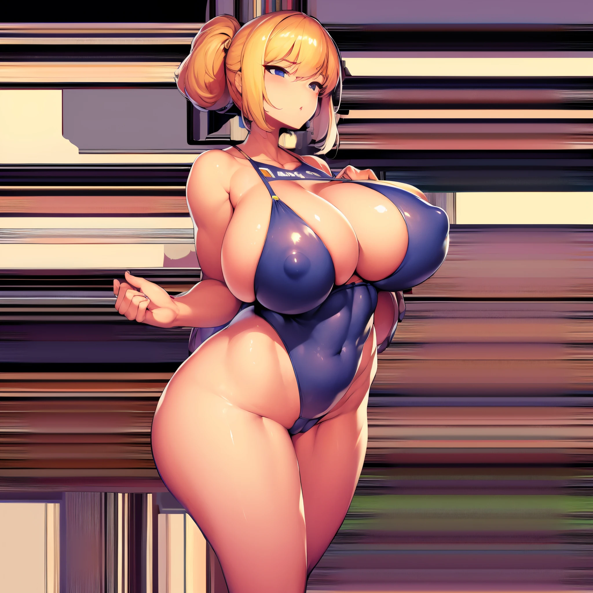 humongous large breast, tight kini swimsuit,Tighten abs,Hold your chest up,hip cocked,camel shame