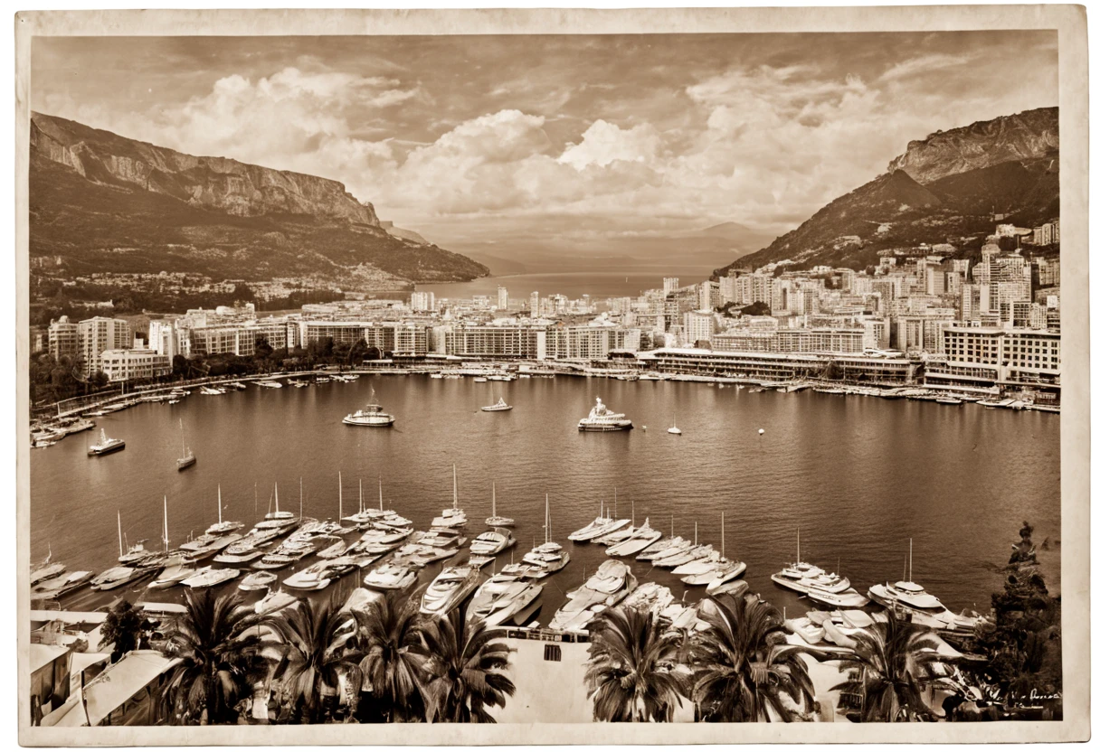 postcard with text "Wish You Were Here", Monte Carlo atmosphere, sunset, luxury yachts, millionaires playground, view from above, exotic style