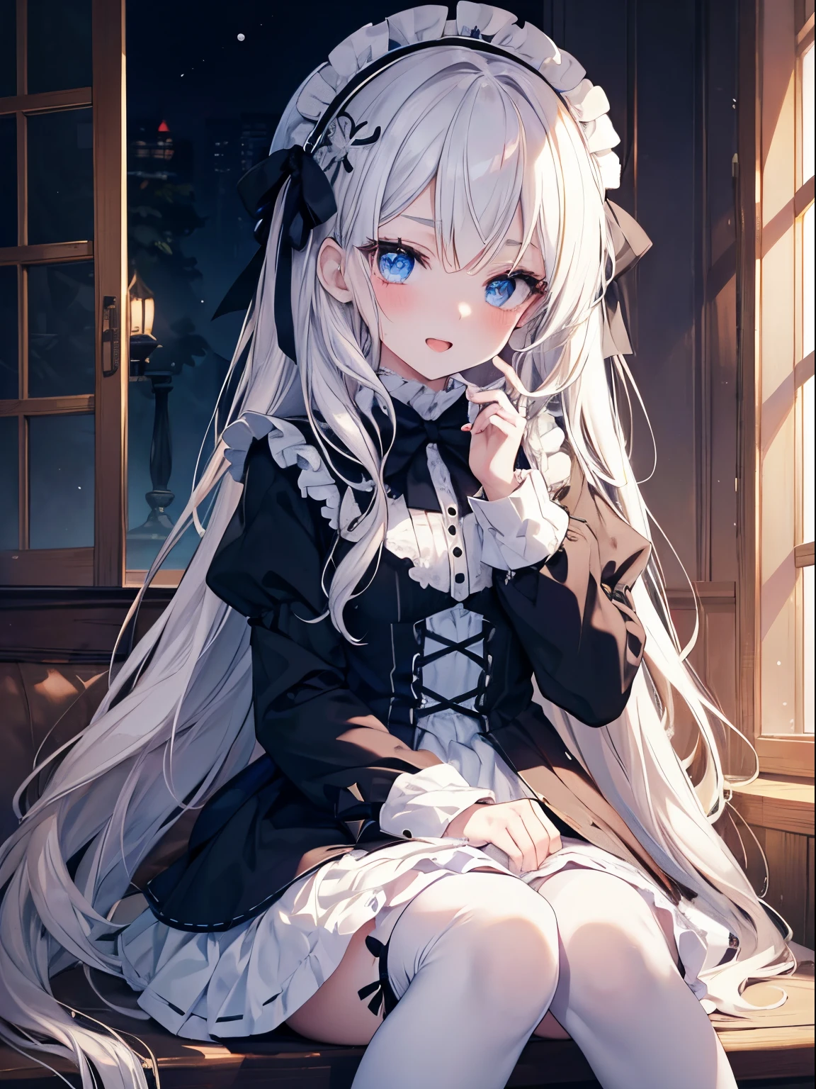 masutepiece, Highest Quality, (Perfect face:1.1), (high detailing:1.1), (ultradetailed eyes), Dramatic, superfine illustration, Extremely detailed, 1girl in, (pale skin), long white hair, Ethereal eyes, Blue eyes,tareme, (light eyebrow),blush,Solo,Smile, Happy, Laugh, Enjoy, Open mouth, Pouty lips,Cinematic lighting, Looking at Viewer,Cowboy Shot,Winters,Snow,Long sleeve, Gothic lolita, frilld, bow ribbon,Head dress, knee high socks,room,frombelow