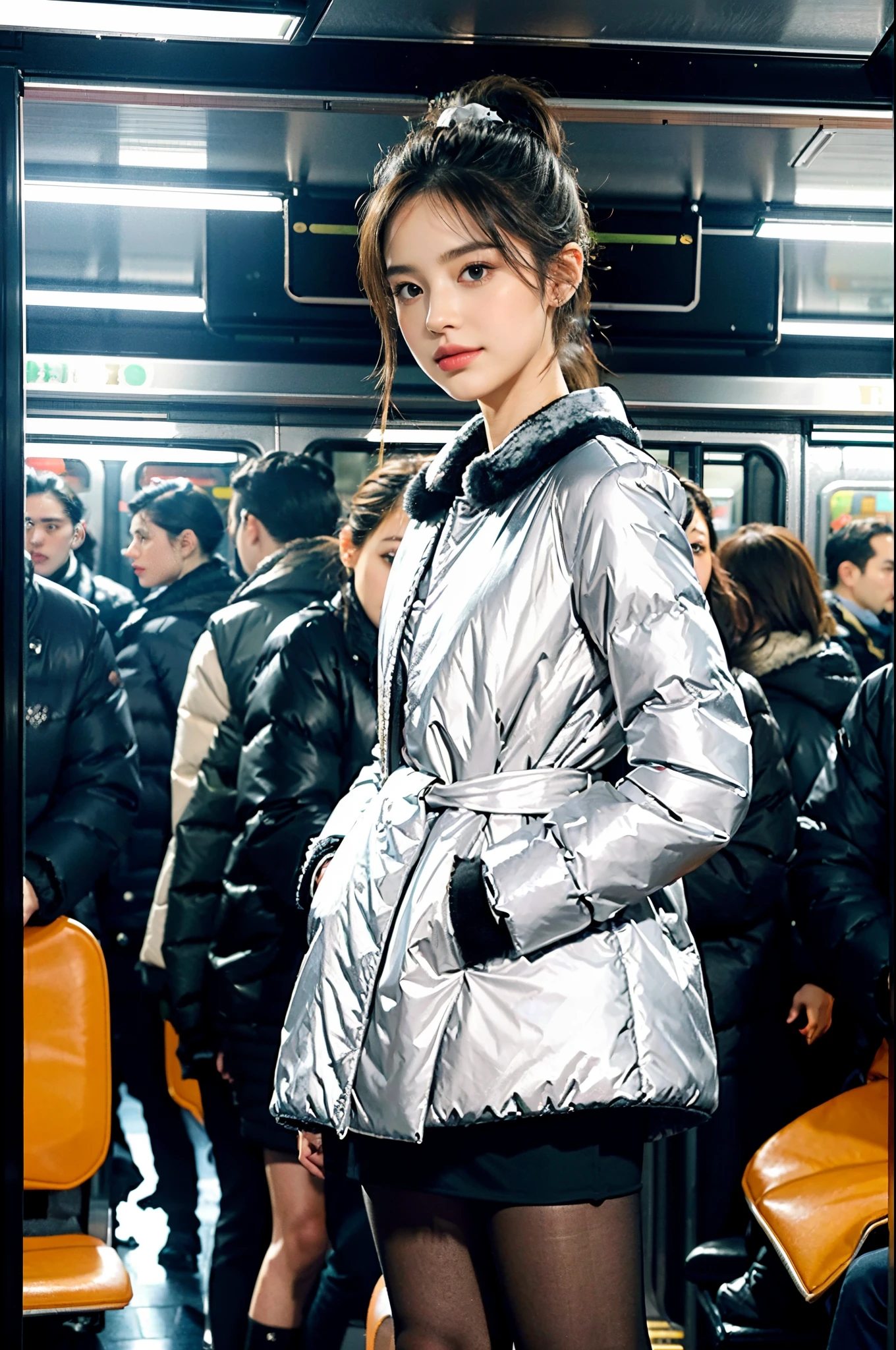 (((8k))),((Extremely meticulous CG)) ,(wallpaper),16k,((Extremely refined and beautiful))，(((Masterpiece))),(((best qualtiy))),(((Ultra High Resolution))),beautiful light up，Perfect lightning，realistic shaded，[A high resolution],(Smooth and flawless fair skin:1.5),Extremely exquisite facial details,(perfect body：1.1),ultra - detailed,A beautiful girl,small head,((very short ponytail)),small face,Exquisite makeup,clear face,(pale skin:1.3),(Small breasts:1.1),Flat chests，slim,thin,happy Smile,(black puffy coat:1.3),thighs,slender legs,black boots,(Standing in a subway carriage:1.5),bright indoor lighting,(Detailed interior of the carriage:1.3),(many people in the crowded carriage:1.5),(Surrounded by crowded crowd),(from back),(from below),(fullbody:1.2)