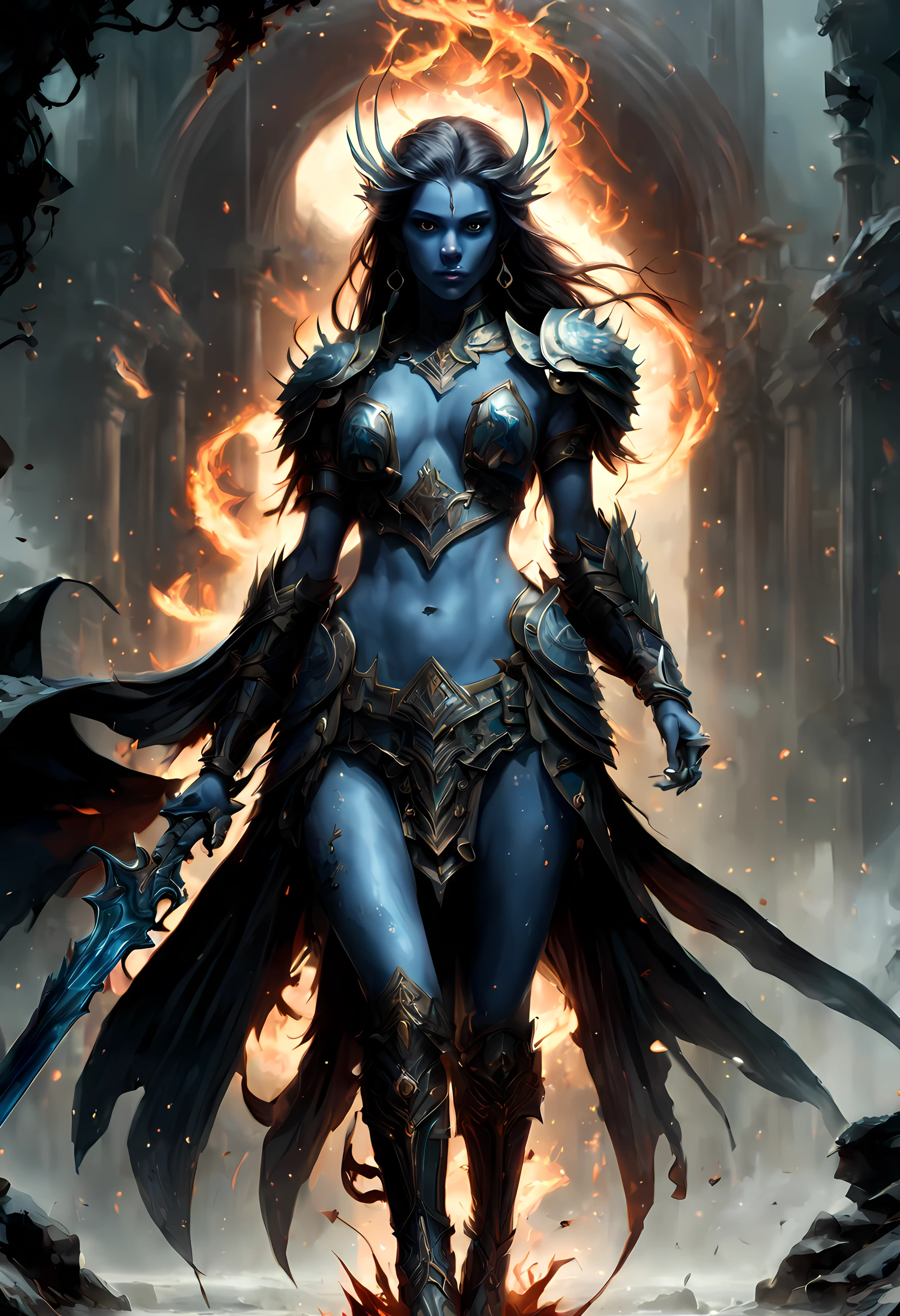 fantasy art, dnd art, RPG art, drkfntasy wide shot, (masterpiece:1.3), full body intense details, highly detailed, photorealistic, best quality, highres, portrait of a exotic race female (fantasy art, Masterpiece, best quality: 1.3) (blue colored skin: 1.3), intense details facial detail fantasy art, Masterpiece, best quality)cleric, (blue colored skin: 1.3) 1person blue_skin, (bold head: 1.4), intense green eye, fantasy art, Masterpiece, best quality) armed a fiery sword red fire, wearing heavy (white: 1.3) half plate mail armor LnF wearing high heeled laced boots, wearing an(orange :1.3) cloak within fantasy temple near river background and sun and clouds, reflection light, high details, best quality, 16k, [ultra detailed], masterpiece, best quality, (extremely detailed), dynamic angle, ultra wide shot, photorealistic, RAW, fantasy art, dnd art, fantasy art, realistic art
