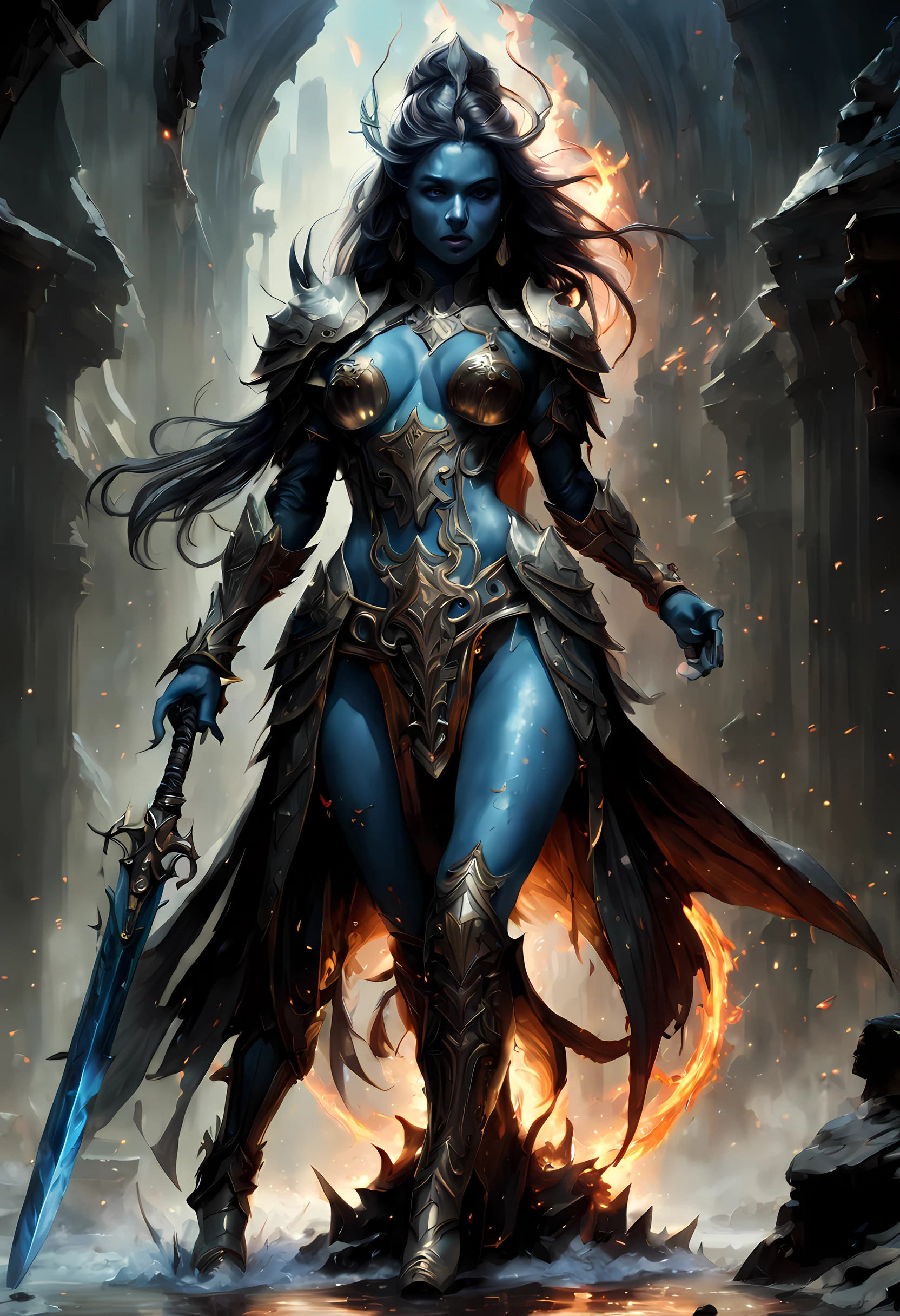 fantasy art, dnd art, RPG art, drkfntasy wide shot, (masterpiece:1.3), full body intense details, highly detailed, photorealistic, best quality, highres, portrait of a exotic race female (fantasy art, Masterpiece, best quality: 1.3) (blue colored skin: 1.3), intense details facial detail fantasy art, Masterpiece, best quality)cleric, (blue colored skin: 1.3) 1person blue_skin, (bold head: 1.4), intense green eye, fantasy art, Masterpiece, best quality) armed a fiery sword red fire, wearing heavy (white: 1.3) half plate mail armor LnF wearing high heeled laced boots, wearing an(orange :1.3) cloak within fantasy temple near river background and sun and clouds, reflection light, high details, best quality, 16k, [ultra detailed], masterpiece, best quality, (extremely detailed), dynamic angle, ultra wide shot, photorealistic, RAW, fantasy art, dnd art, fantasy art, realistic art