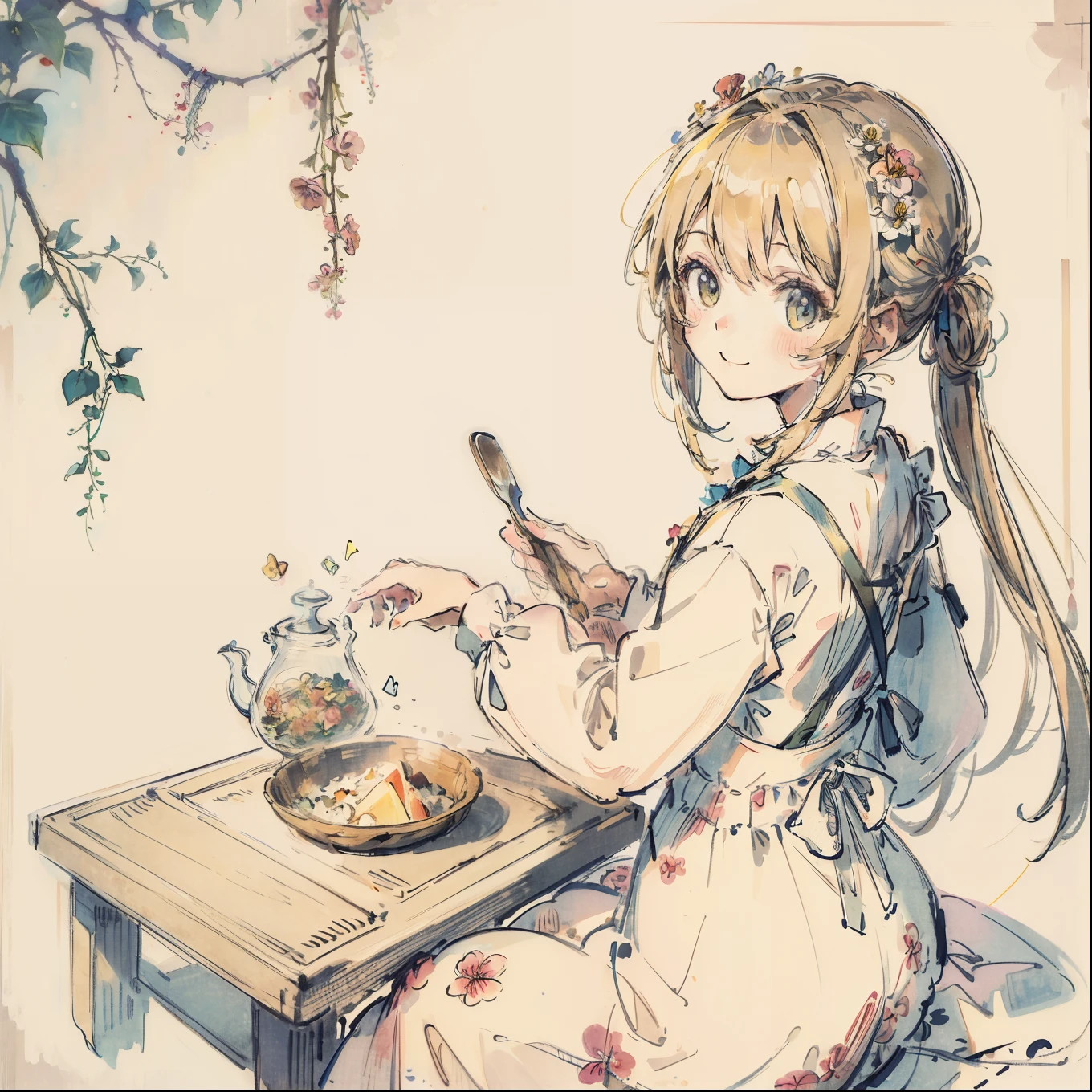 (top-quality、​masterpiece)、A stunning、a cute little cat、Floral dress、pinafore、foods、Warm smile、Hourglass diagram、Floral dress、pinafore、foods、