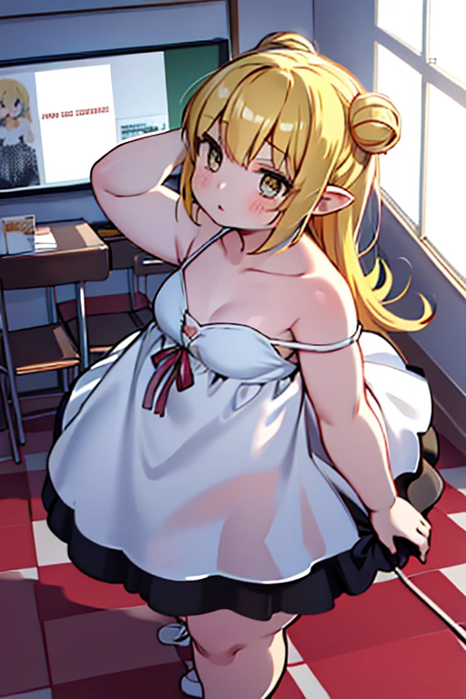 obese shinobuYoung, masterpiece, best quality, absurdres, obese 1girl, big cheeks, blonde hair, solo, classroom, night, flat breasts, desk, obese , round table, sitting, looking away, bare shoulders, sundress, white dress, strap slip, clavicle, (viewed from above:1.1), (expressionless:1.1), slender, see-through, (checkered floor:1.5), (knee up:1.3)