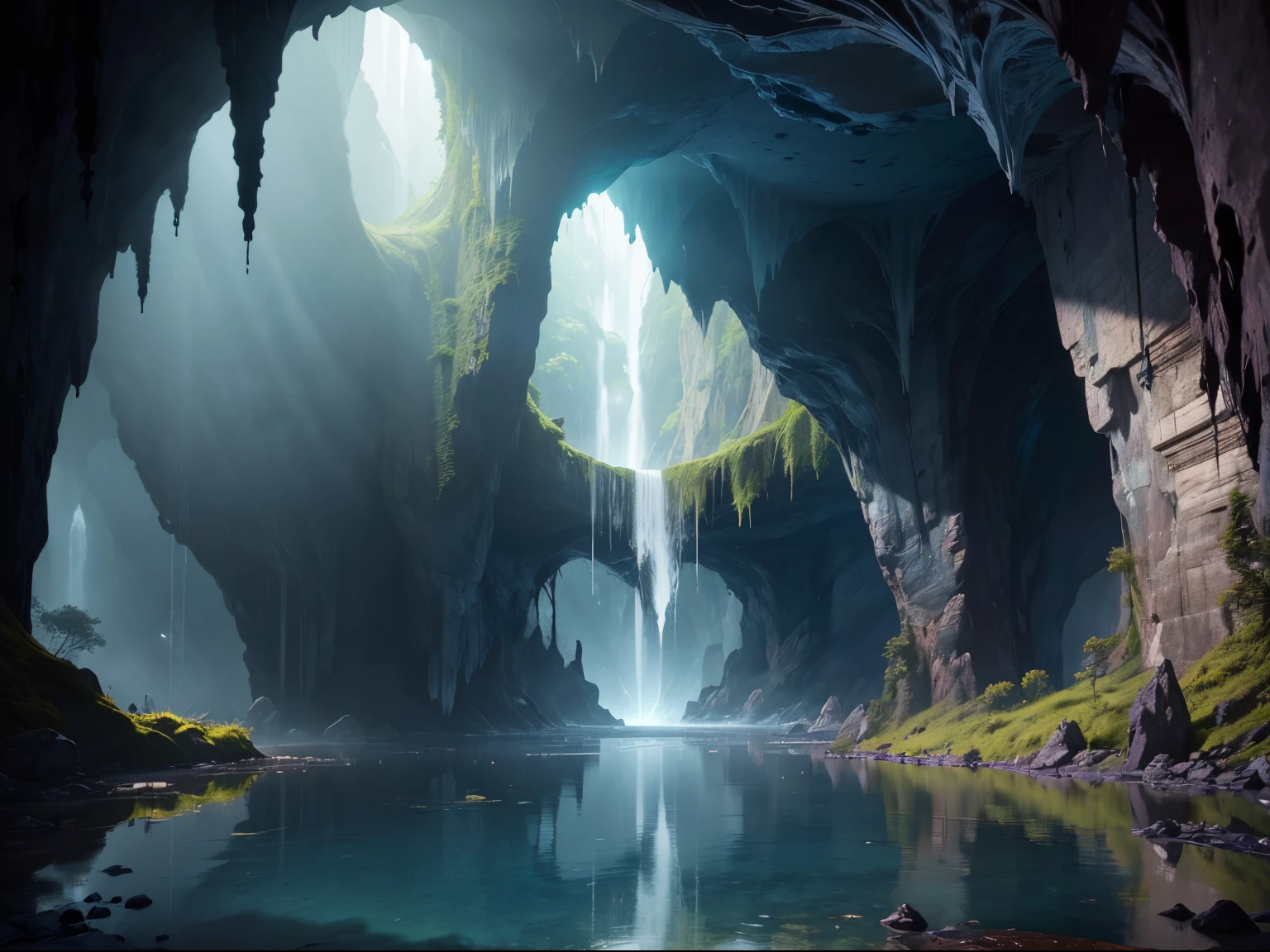 (best quality, highres, ultra-detailed, realistic:1.37), dark, moody, grey natural cave, natural arch in front of viewer, glowing pond of water, eerie atmosphere, no outside light, humid, damp moss covering the walls and floor, intricate stalagmites and stalactites hanging from the ceiling, vast and spacious room.