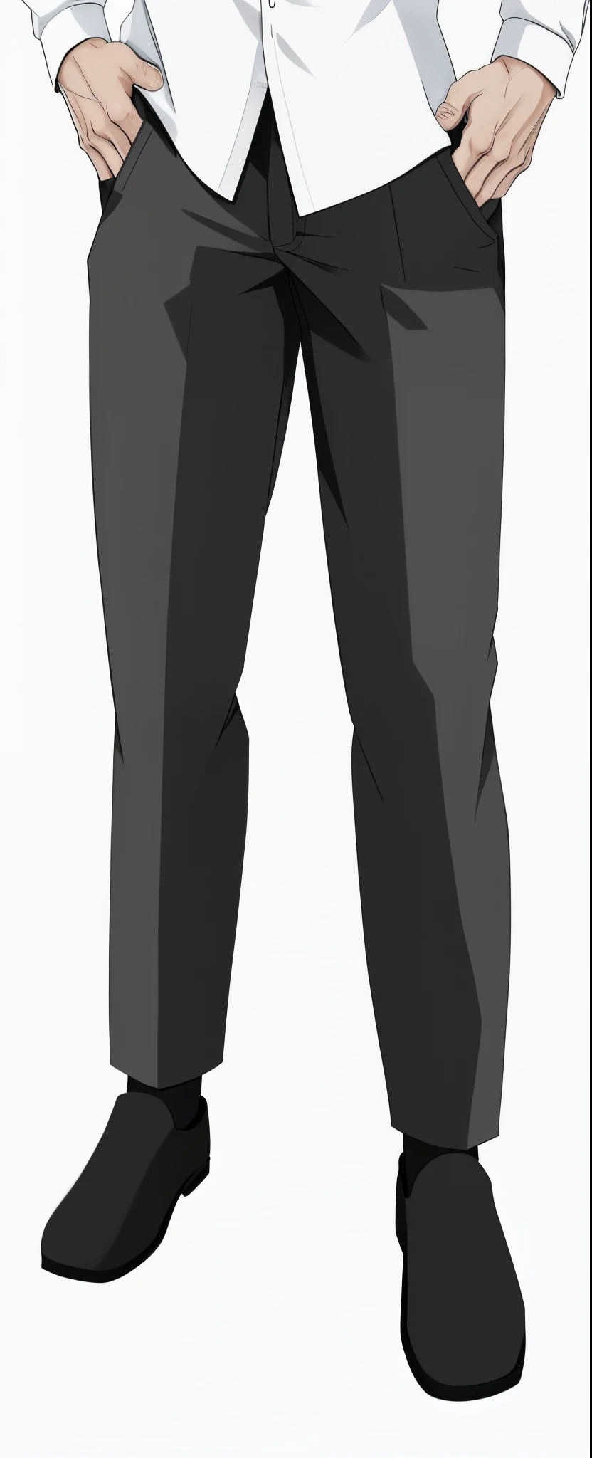 Anime man in a white shirt and black pants with his hands in his pockets,