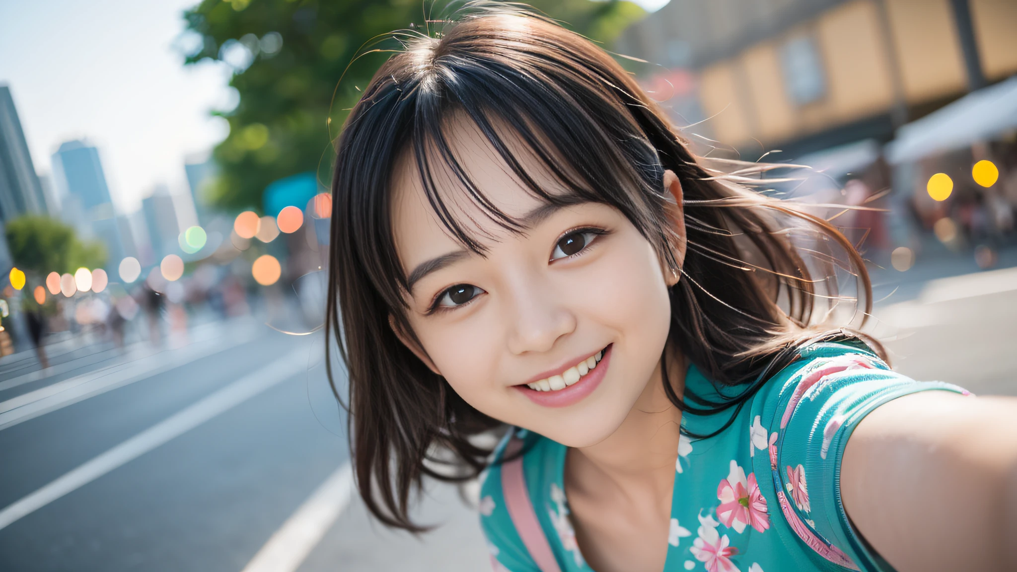Best Quality,hight resolution,(Vibrant colors,bright colored lights:Sunlight),(Outdoor scenery:landscaped gardens),(Playful non-reflective pose),(Beautiful smile:Happy expression),Soft breeze,(The bokeh in the background is blurred),(Natural lighting),(a portrait photo of),(zora々Vibrant energy),(fresh and lively atmosphere),(Joy and euphoria、full of spontaneity and energy。),(breath taking),Selfie stick, (hair blowing in wind)
