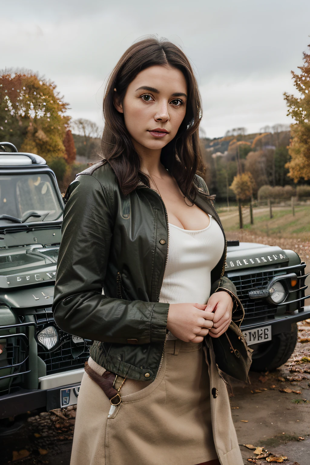 Wasp Girl, ultra realistis, Eyes of different colors, Old money aesthetics, hunting outfit autumn season European style brunette dark hair beautiful face, Barbour jacket, English country style, Land Rover Defenders in the background, black hair, slightly arrogant face, small breasts, pale skin color, Aristocratic Face